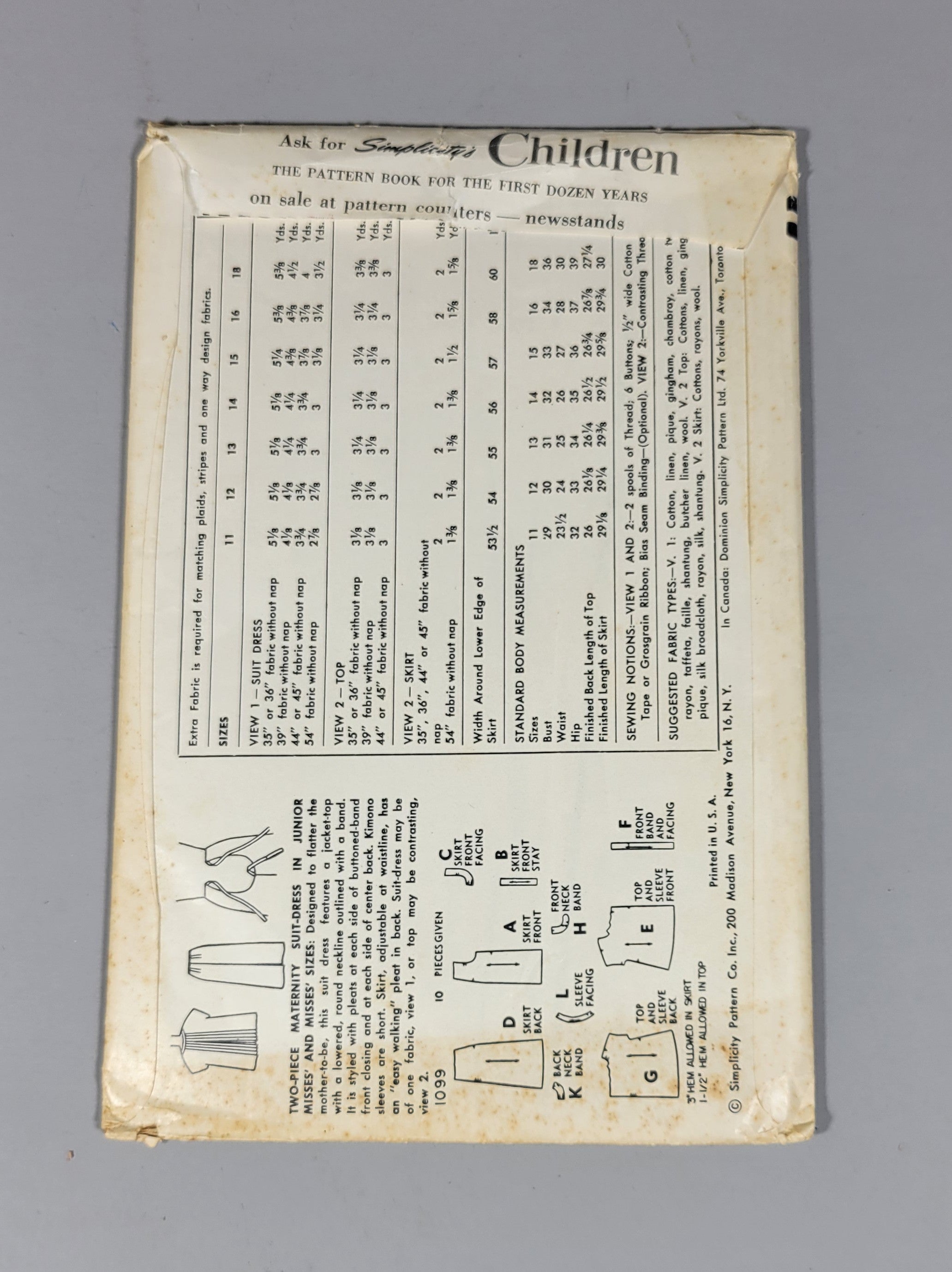 Simplicity 1099 ca 1955. Size 18 Bust 36. ca 1950s