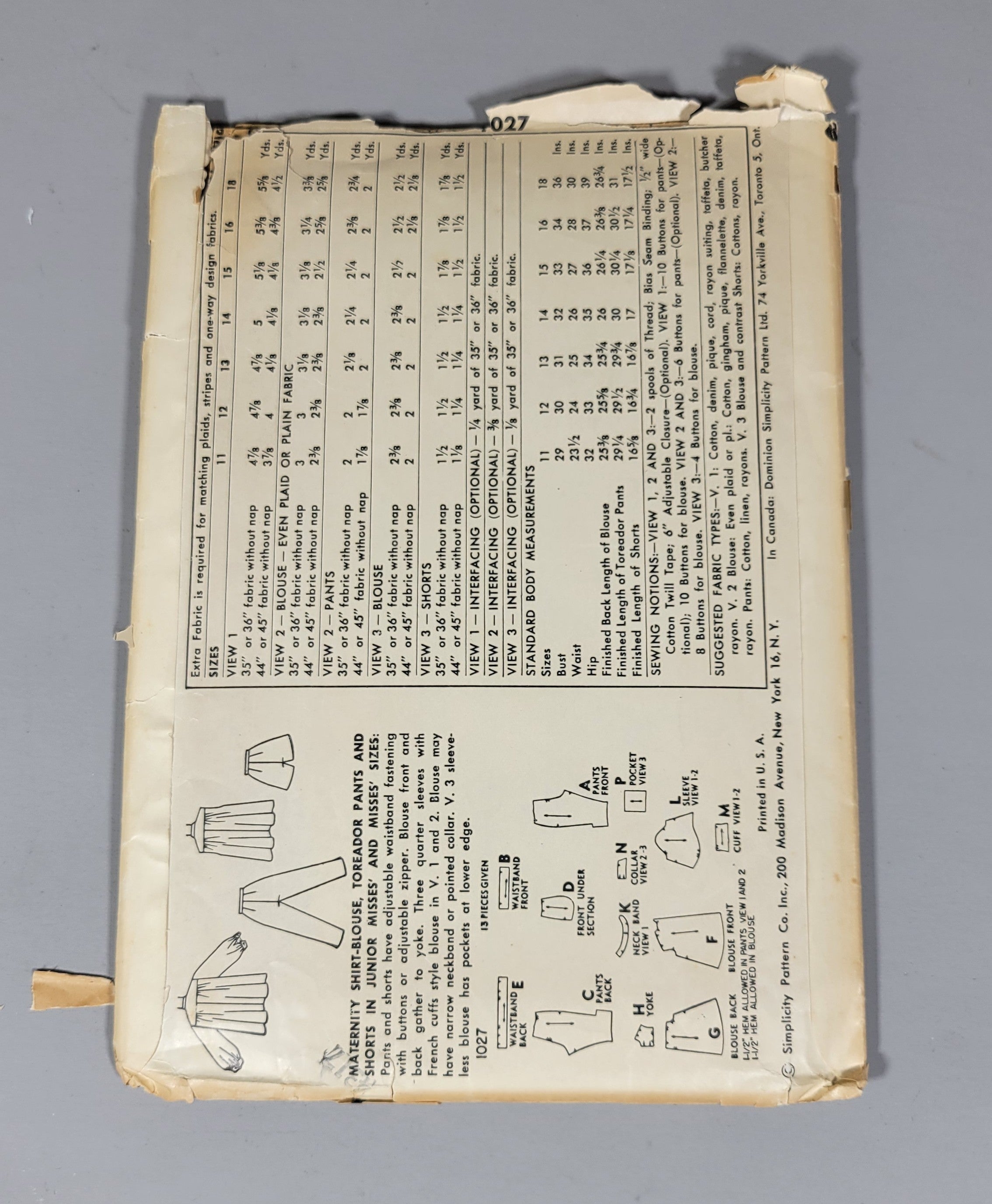 Simplicity 1027 Pattern, ca 1950s. Size 16, Bust 34, Waist 28. Maternity