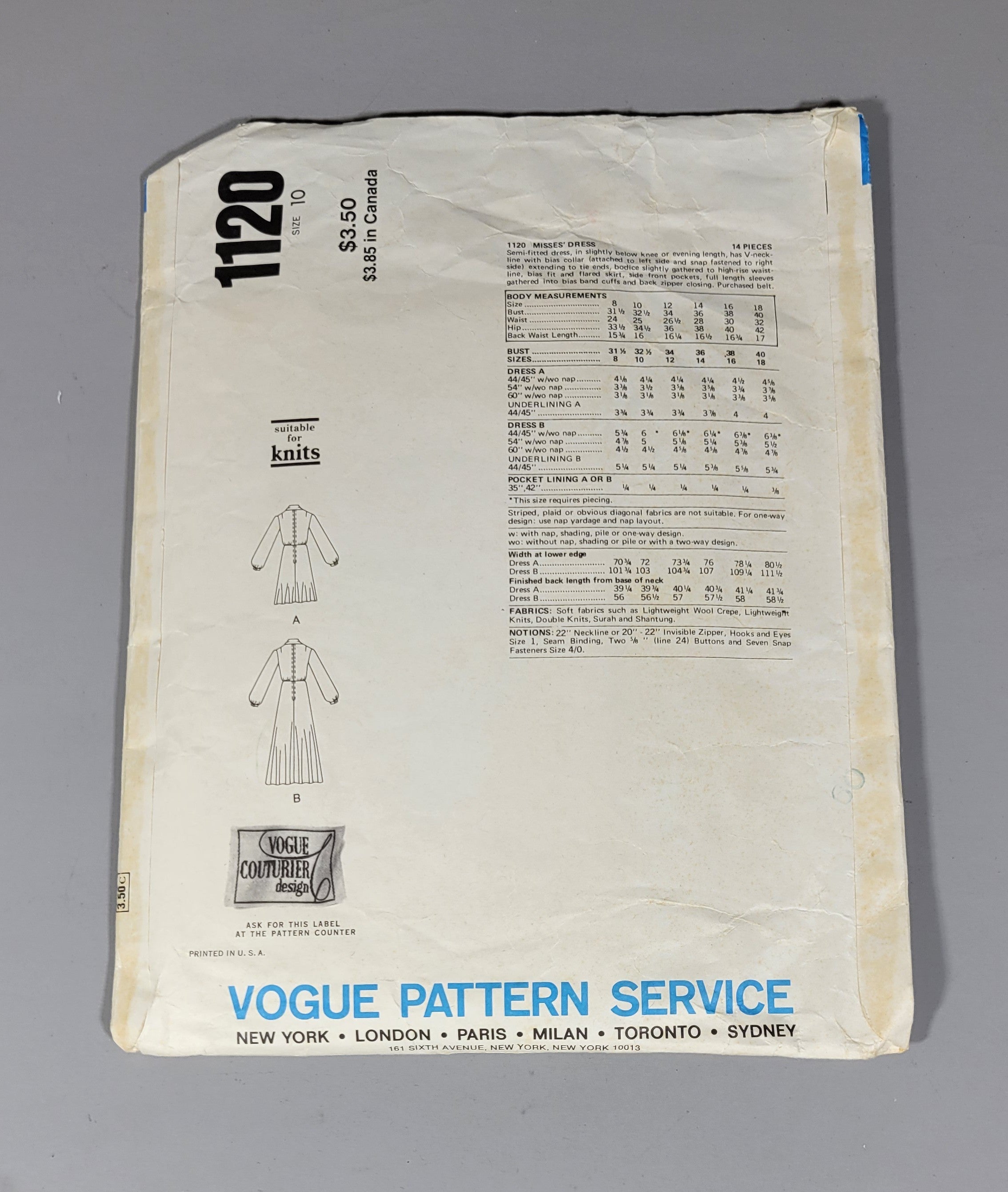 Vogue 1120 Pattern Couturier Design Valentino, ca 1974. Size 10 Bust 32 1/2, Waist 25.