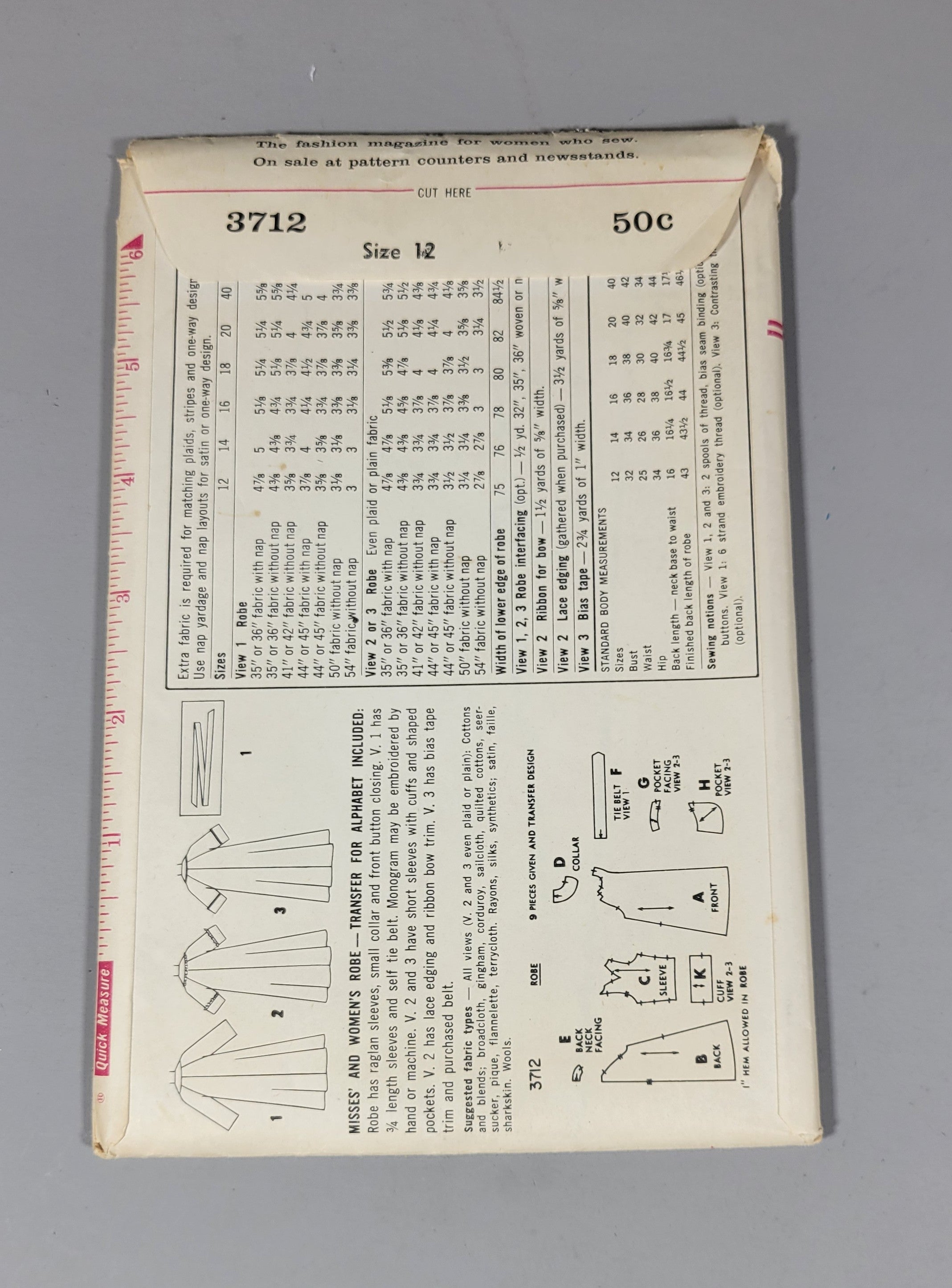 Simplicity 3712 Pattern, ca 1961. Misses' and Women's Robe. Miss Size 12 Bust 32.