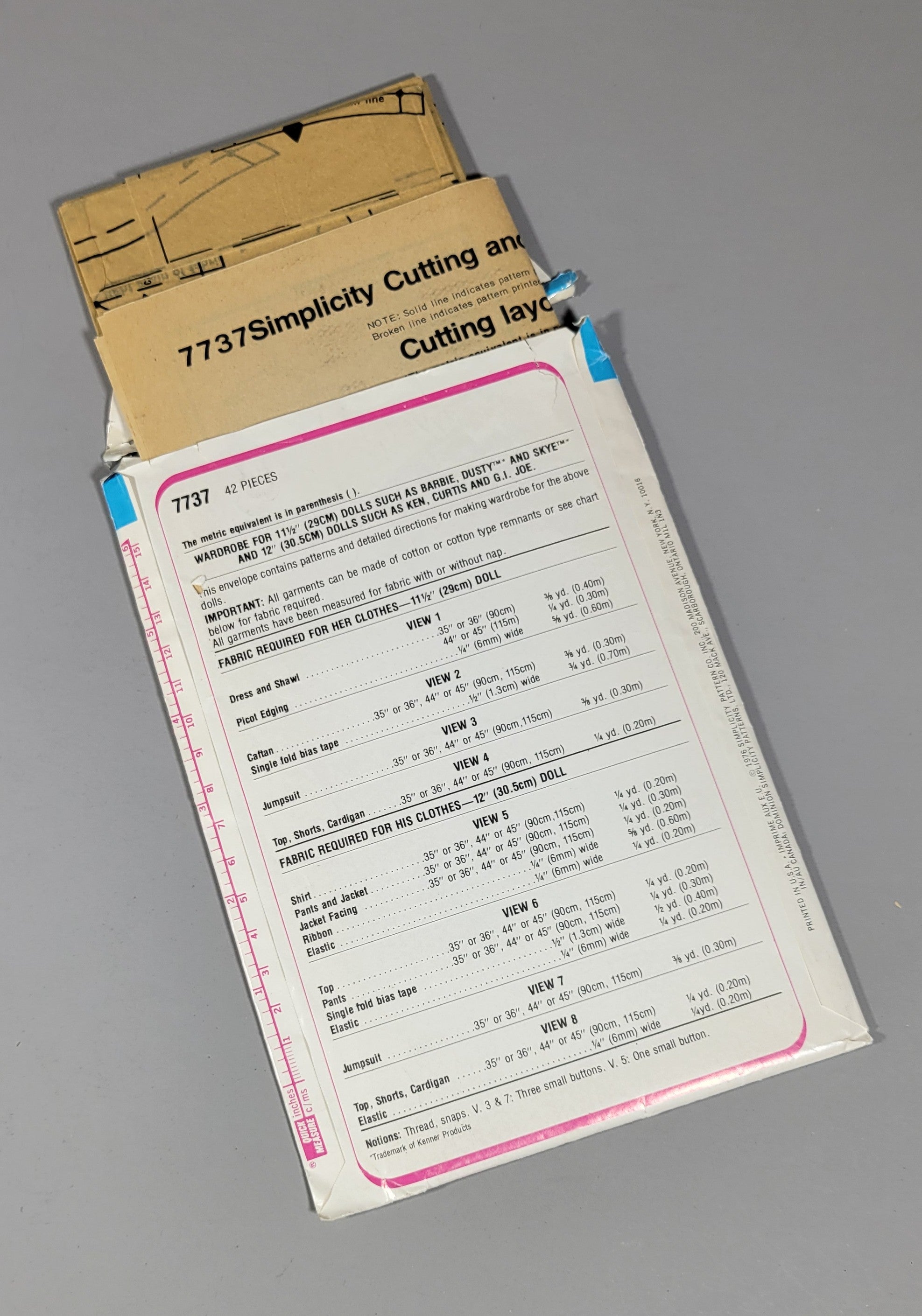 Simplicity 7737 Doll Clothing Pattern, ca 1976.