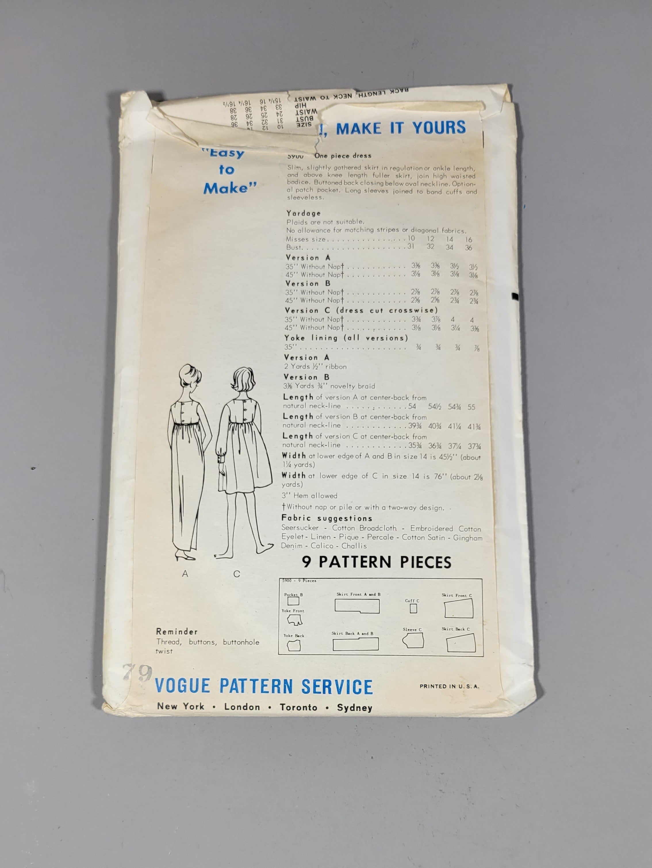 Vogue 5900 Sewing Printed Pattern, 1963. Cut. Size 12.