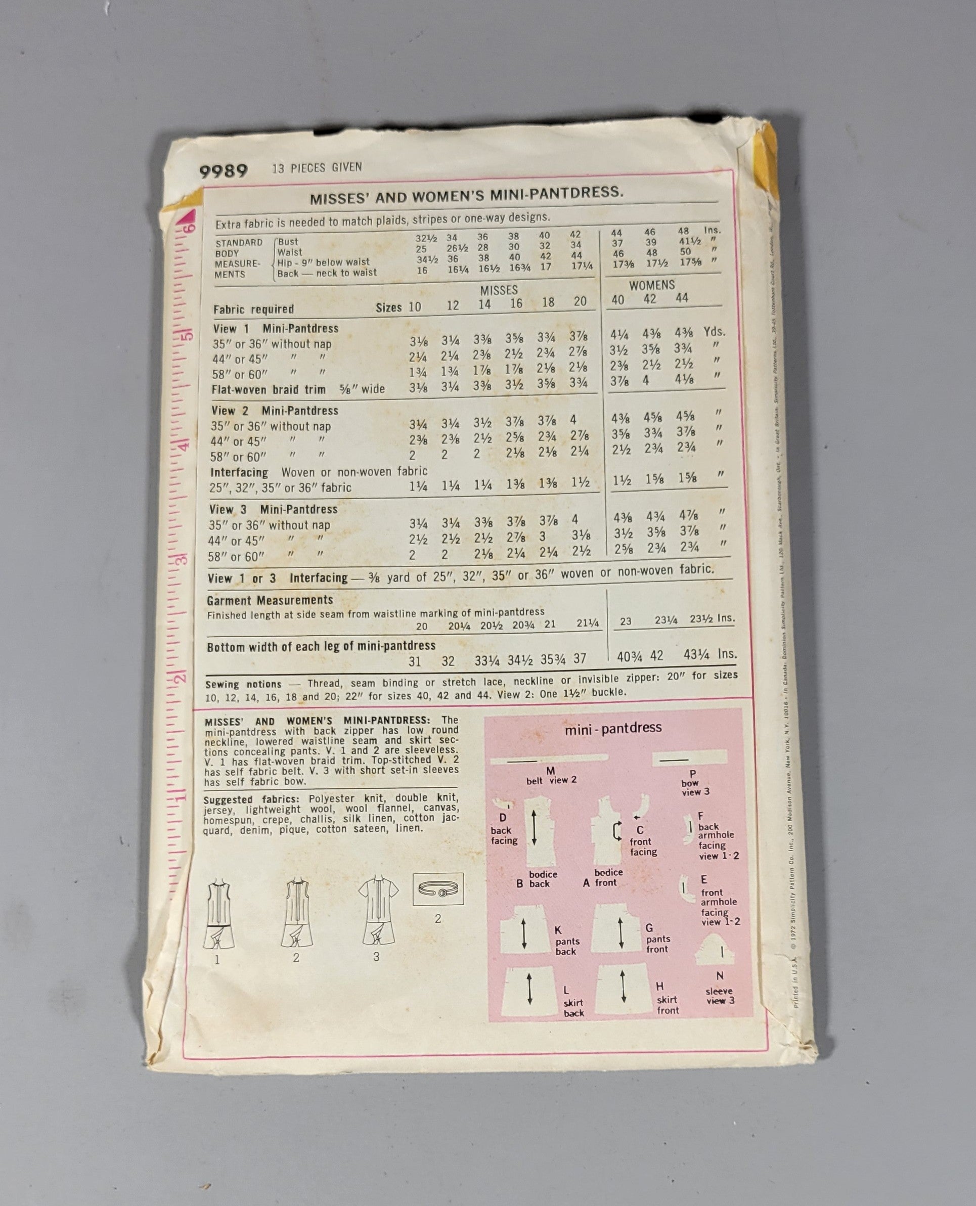 Simplicity 9989 Pattern, ca 1972. Size 16 Bust 38 Miss.