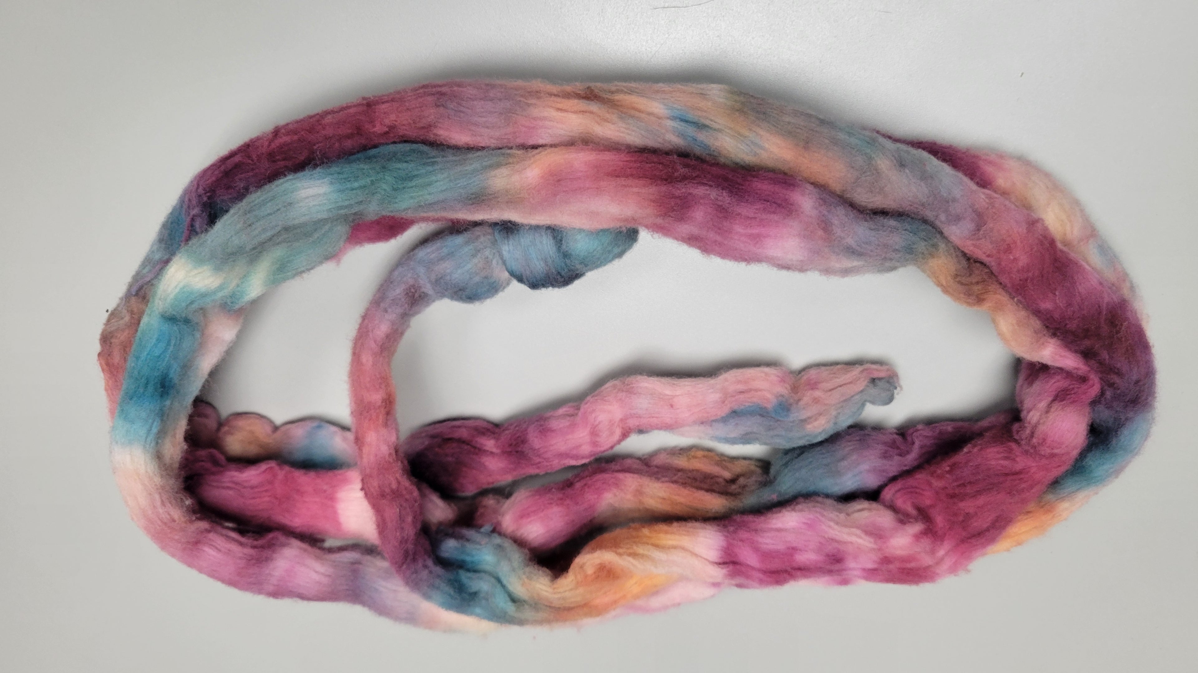 Cotton, 1/2 oz (0.5 ounce) Dyed Conventional Cotton Sliver, Small Batch Studio Dyed (Pink Green 7-25)