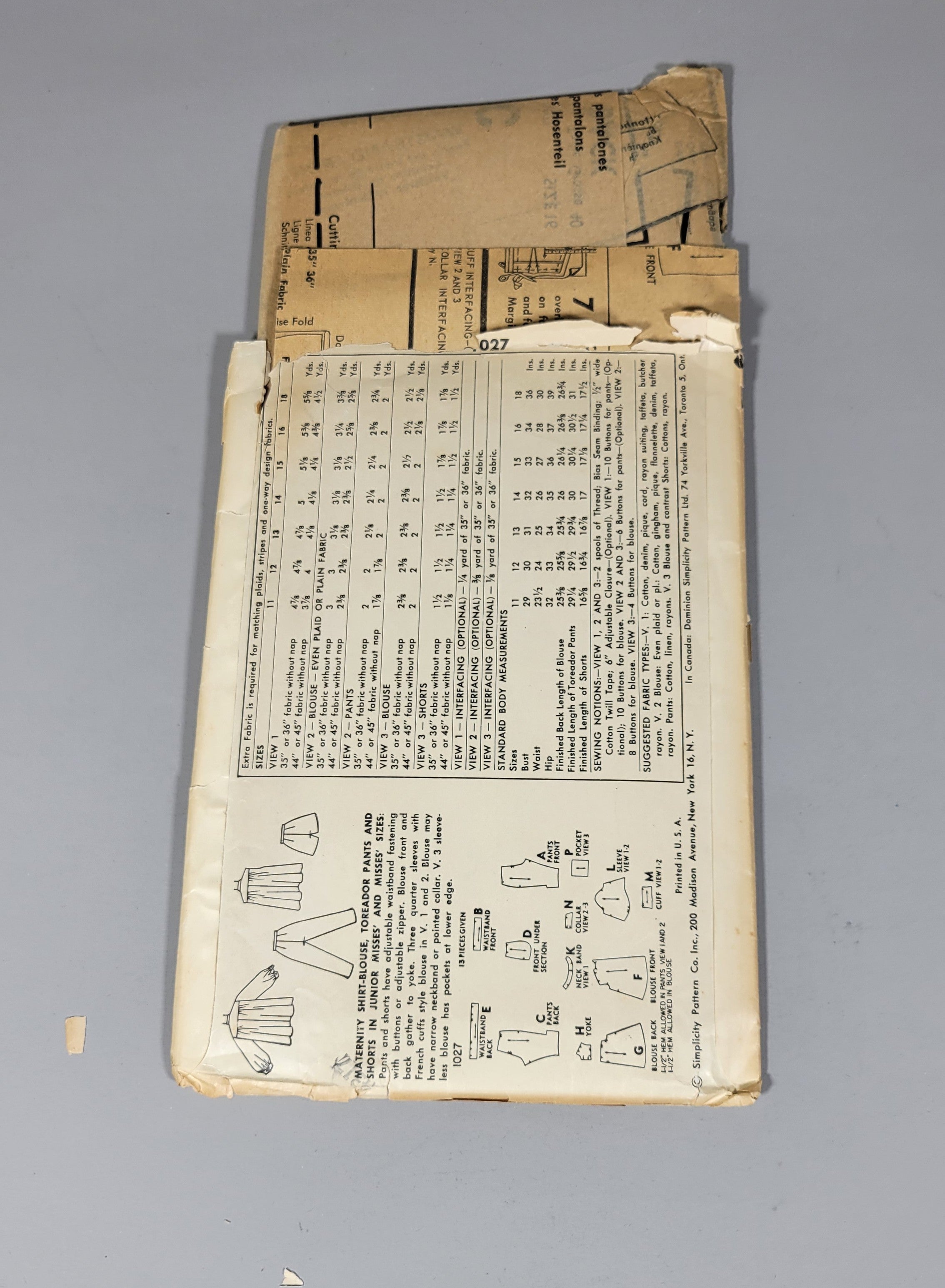 Simplicity 1027 Pattern, ca 1950s. Size 16, Bust 34, Waist 28. Maternity