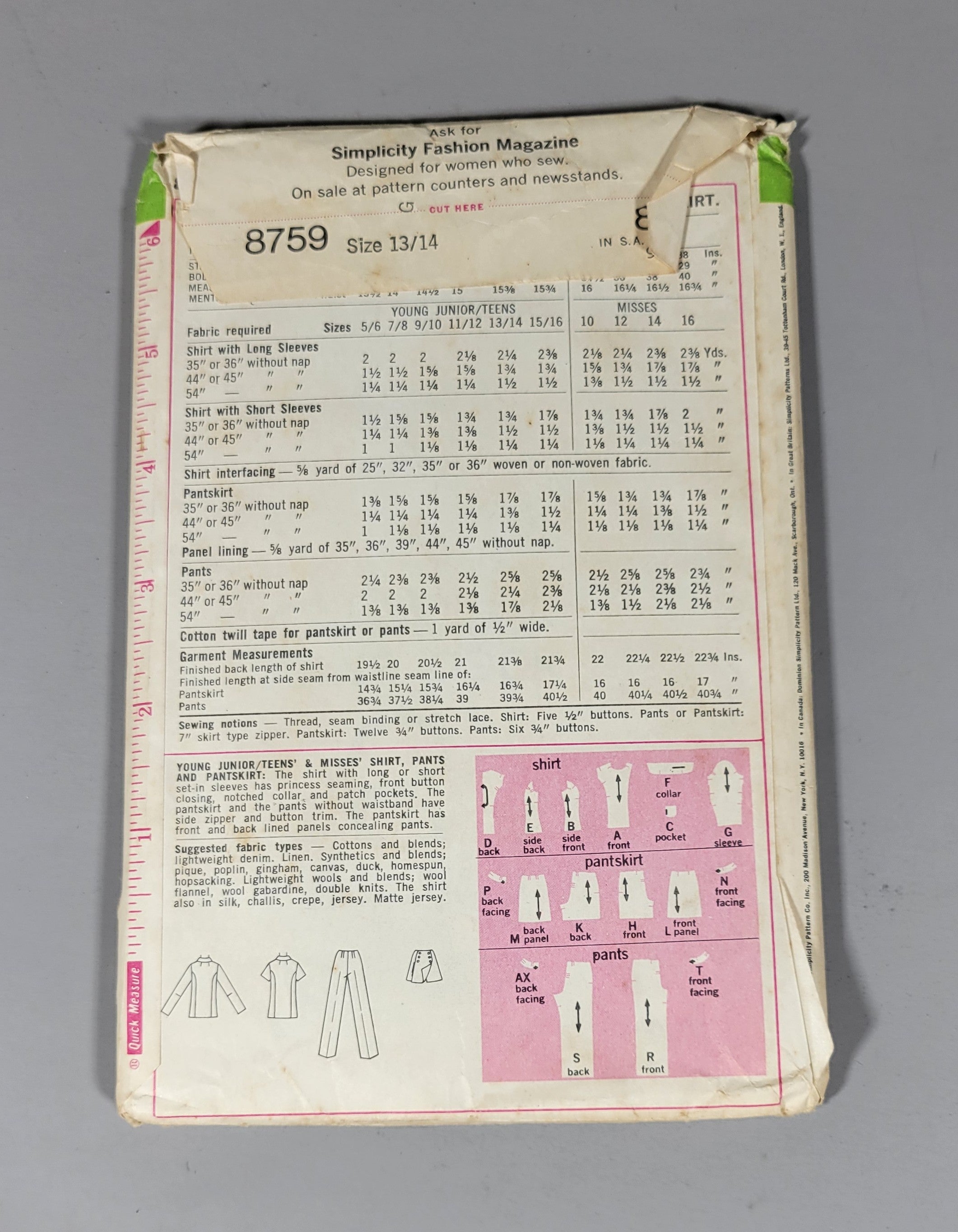 Simplicity 8759 ca 1970. Size 13/14 Bust 33 1/2 Waist 26 Yng Jr / Teen.