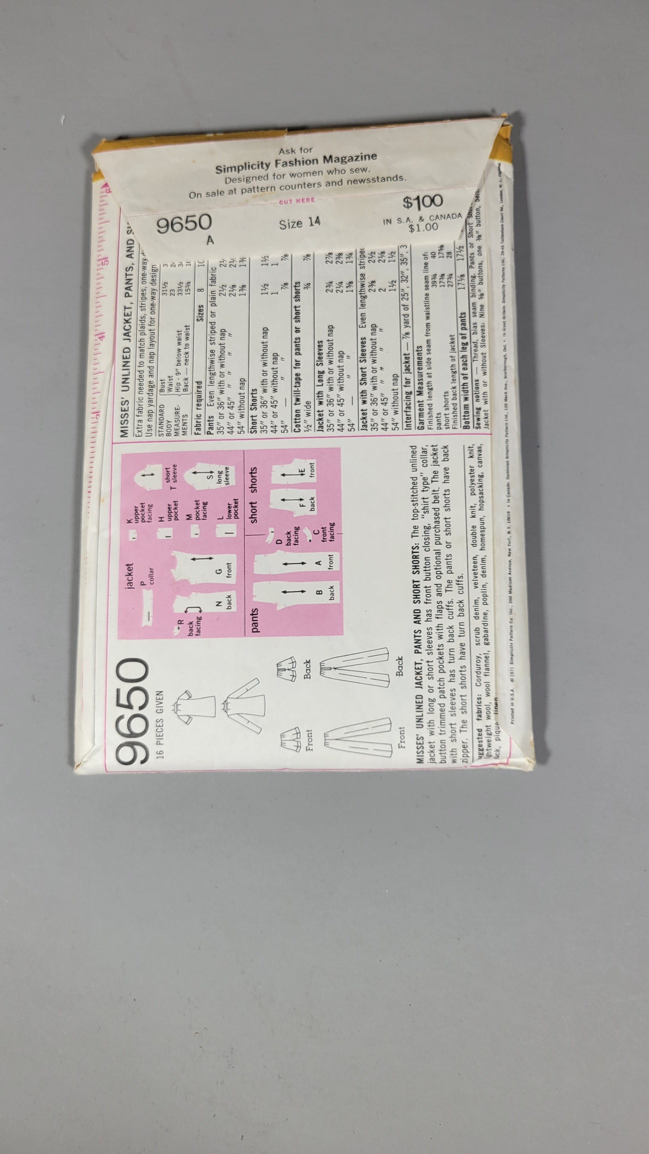 Simplicity 9650 Pattern, ca 1971, Size 14 Bust 36 Waist 27 Miss