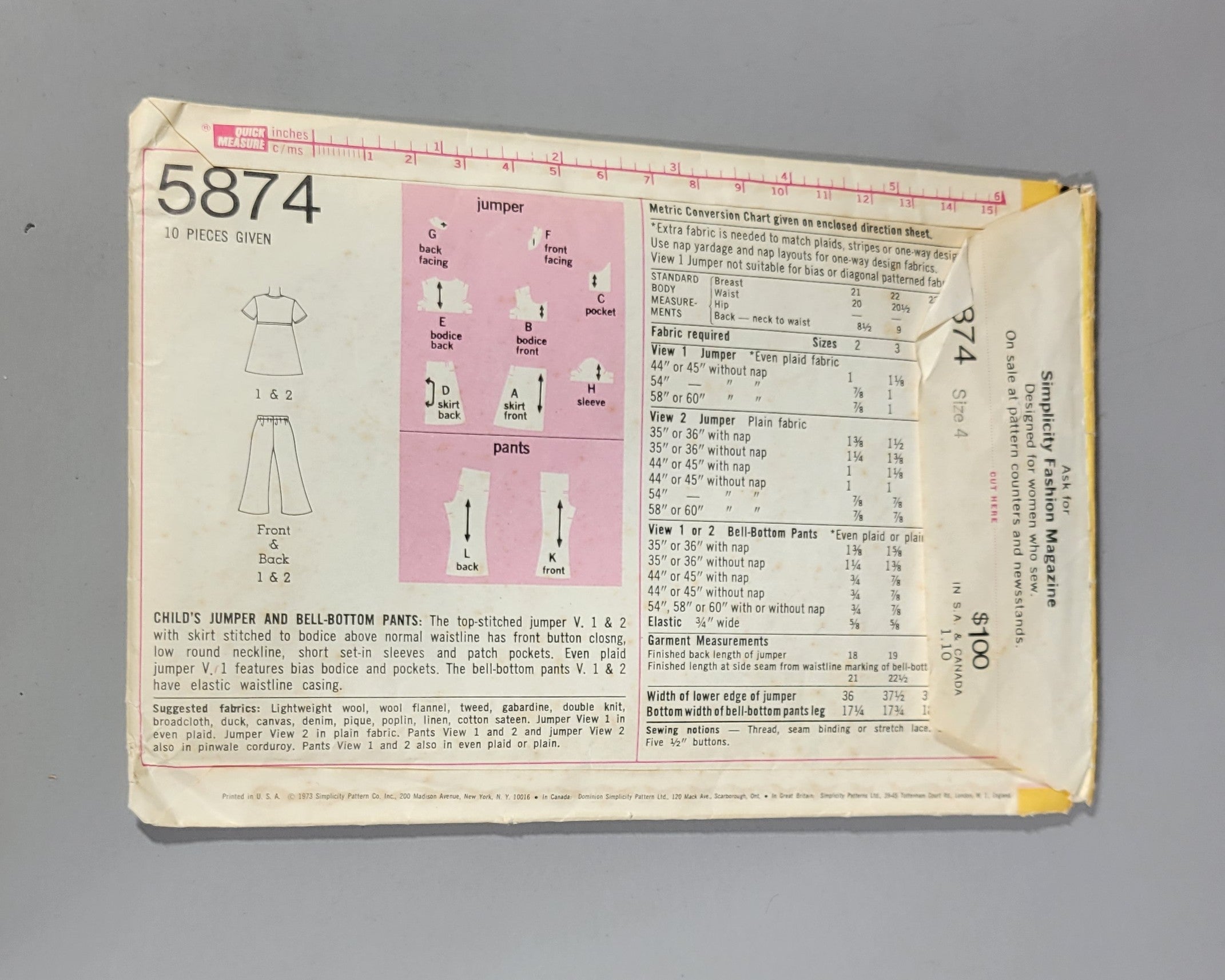 Simplicity 5874 ca 1973. Size 4 Breast 23 Waist 32 Child.