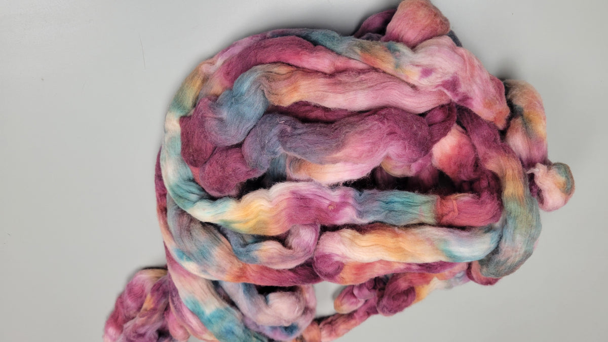 Cotton, 1/2 oz (0.5 ounce) Dyed Conventional Cotton Sliver, Small Batch Studio Dyed (Pink Green 7-25)