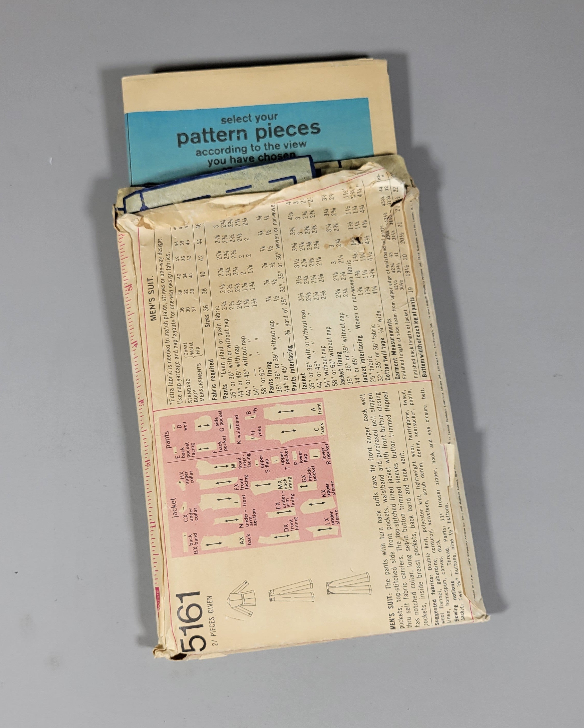 Simplicity 5161, ca 1972. Sewing Pattern. Men Size 38, Chest 38 Waist 32.
