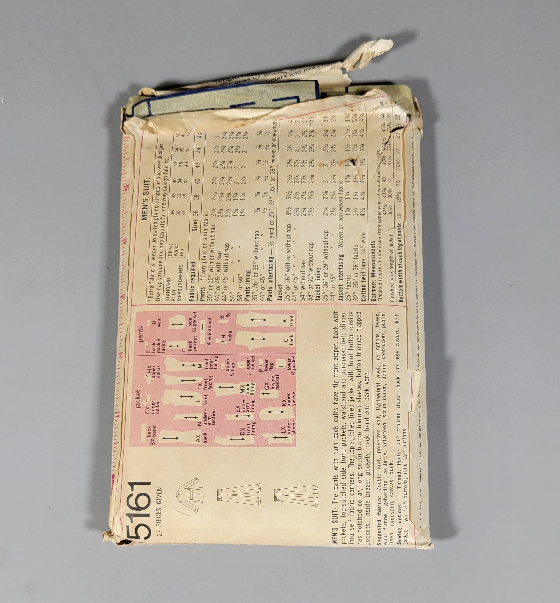 Simplicity 5161, ca 1972. Sewing Pattern. Men Size 38, Chest 38 Waist 32.