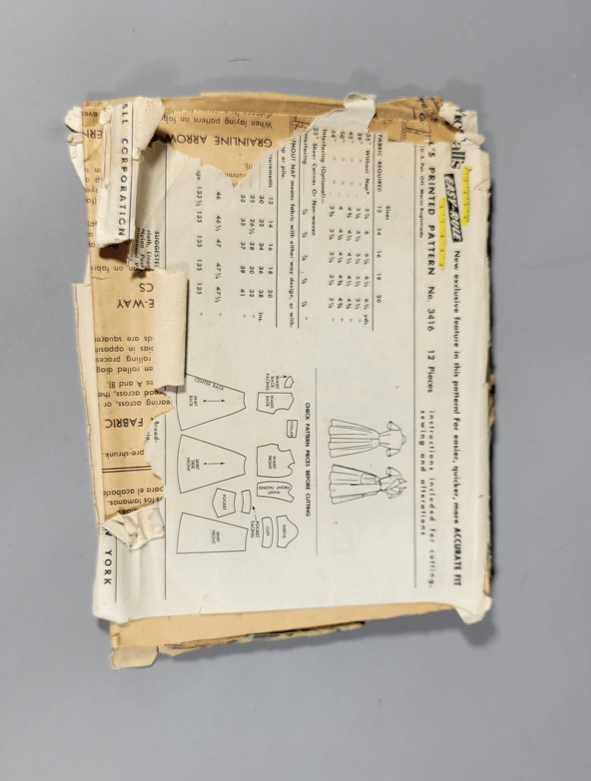 McCall's 3416 Pattern, ca 1957. Dress. Size 12, Bust 30, Wasit 25, Hip 33.