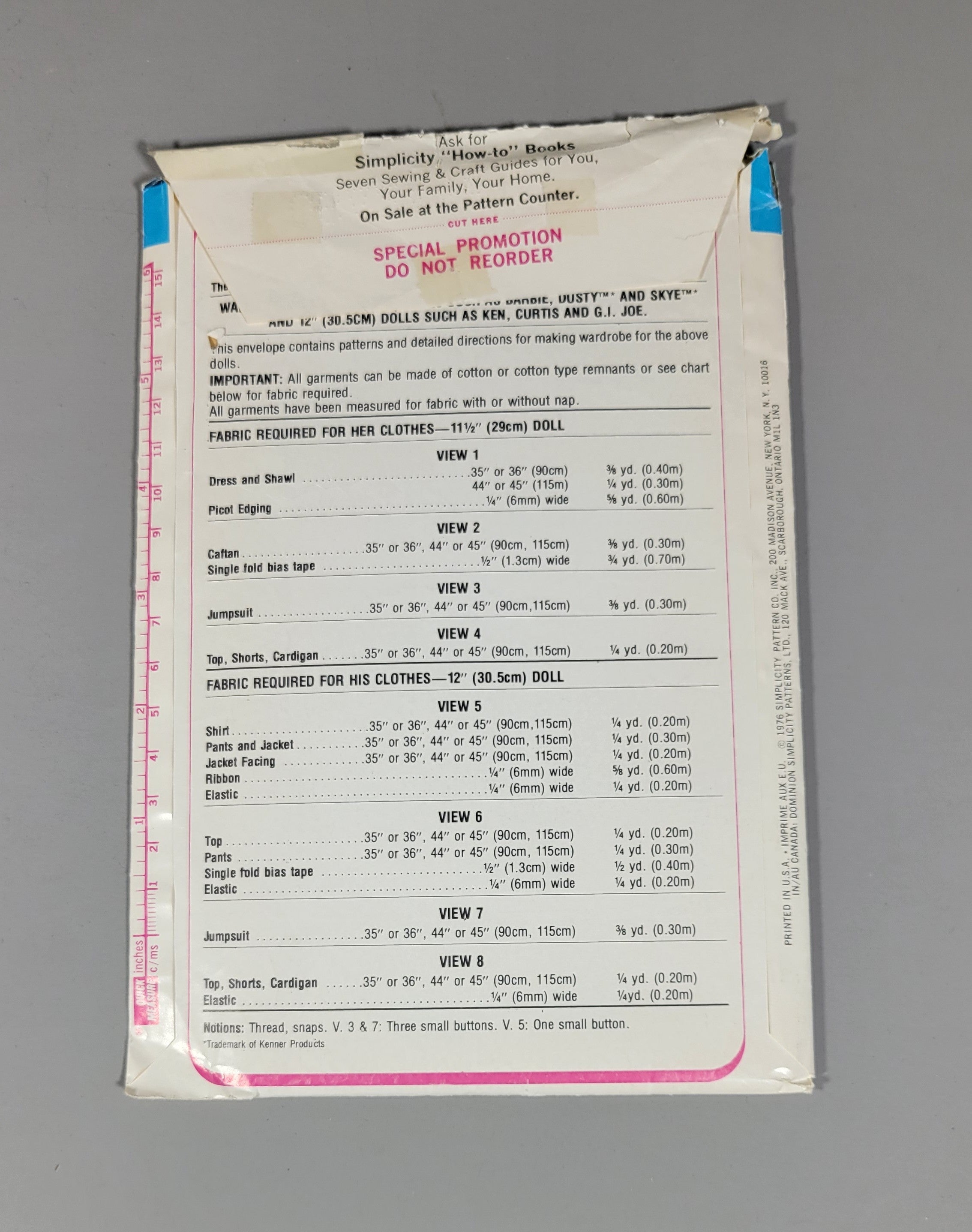 Simplicity 7737 Doll Clothing Pattern, ca 1976.