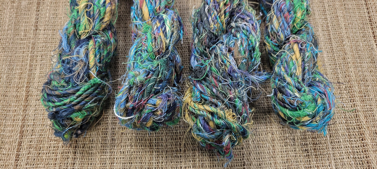 Linen Reclaimed Yarn. Skein Bundle. Set 4 Skeins. Hand-Spun Fibers Upcycled. Art Yarn