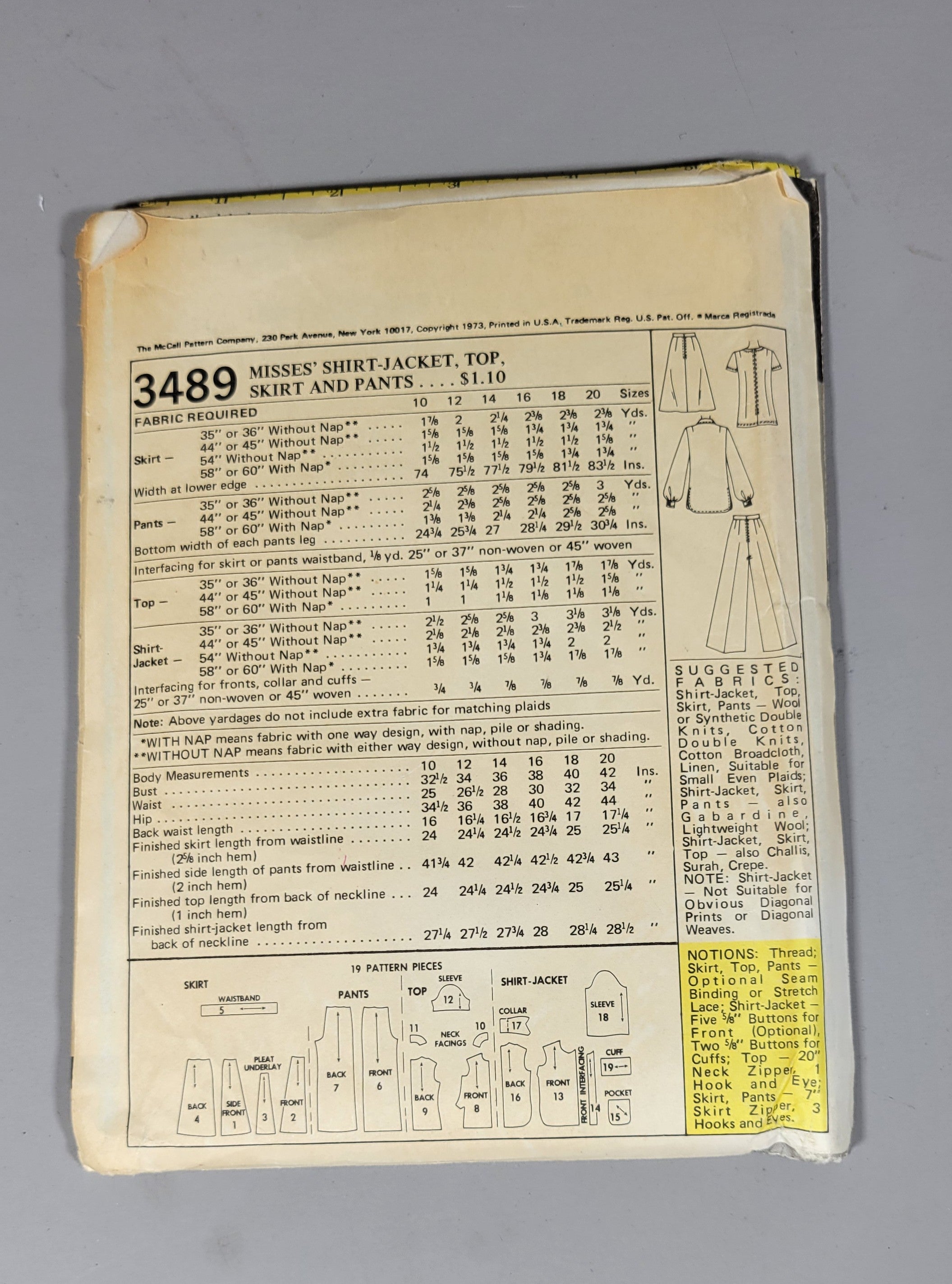 McCall's 3489 Pattern, ca 1973, Misses' Size 10 Bust 32 1/2.