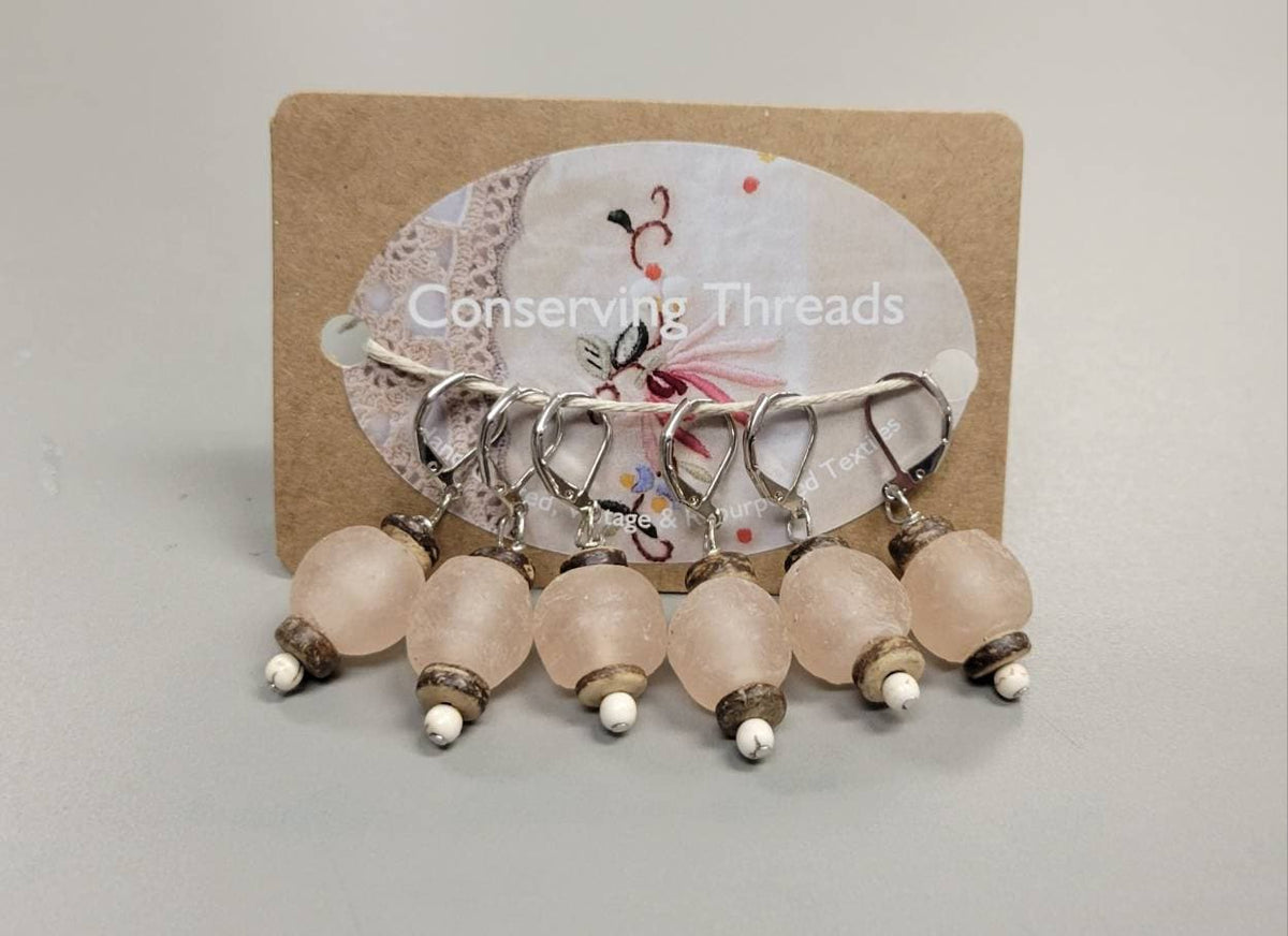 Recycled Glass Stitch Markers. Set of 6. Pink Glass Beads from Recycled Soda Bottles. Coconut wood spacer. Metal hook.