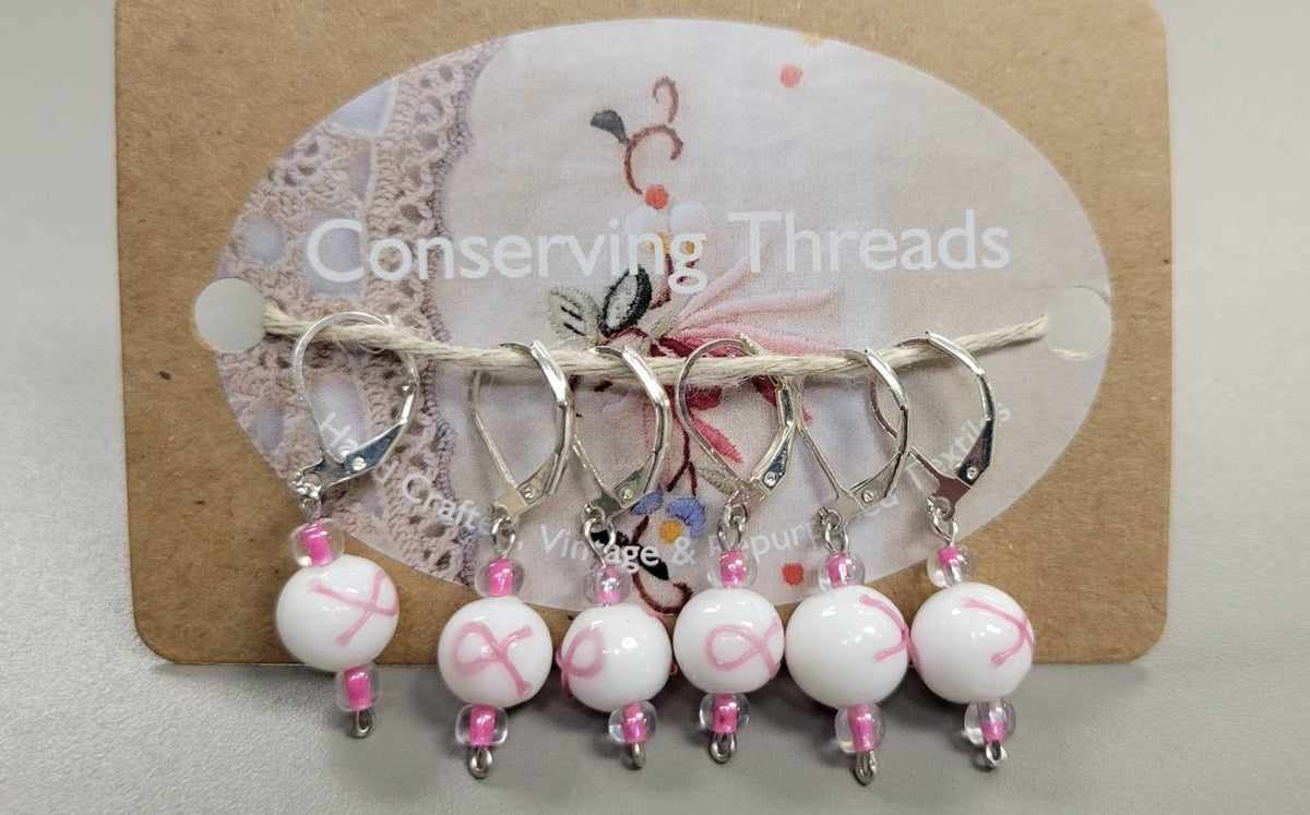 Stitch Markers. Set of 6. White and Pink Glass Beads Cancer Awareness Ribbon Metal Clasp.