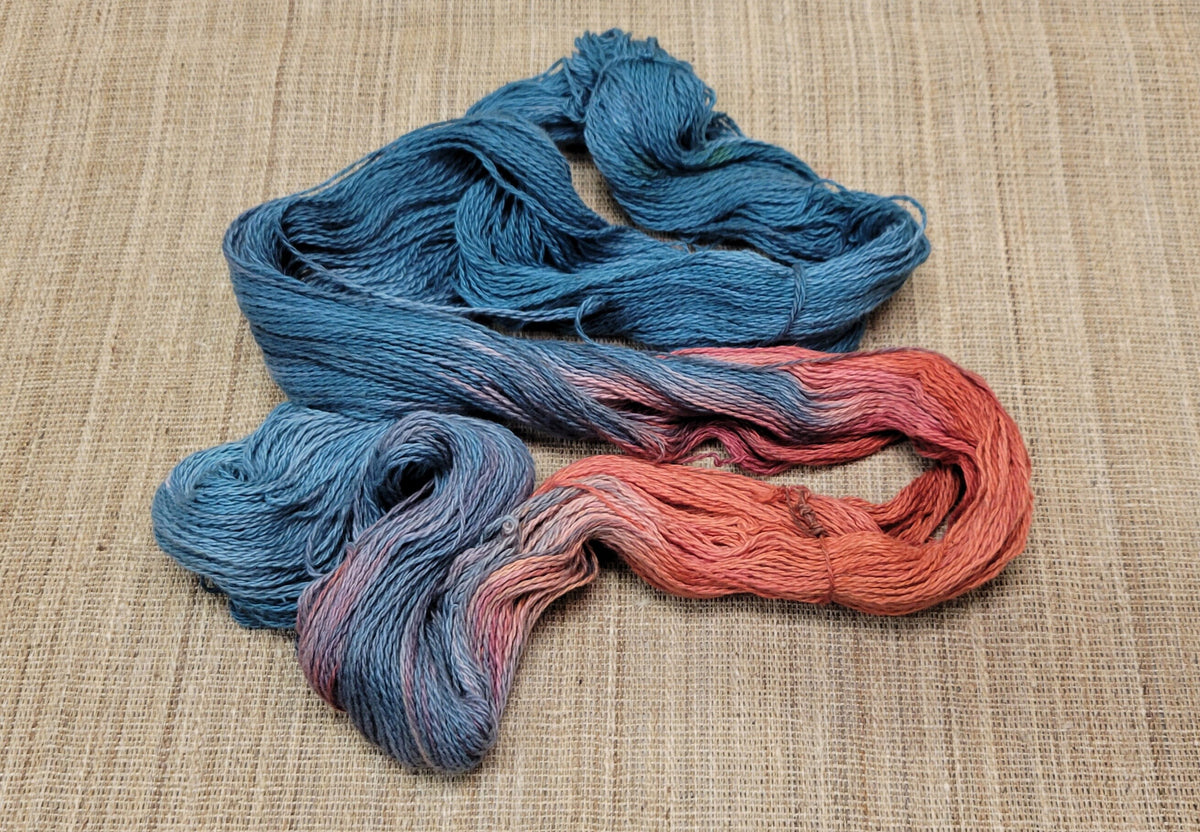 Dyed Cotton / Linen Blend Yarn. Blue and Red. Fingering Weight. Great for knitting, crochet, and weaving. Assigned Pooling.