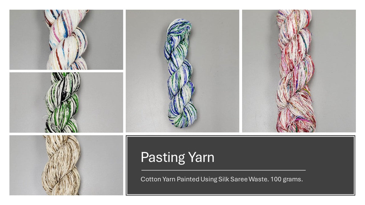 Pasting Yarn - 300 Yards. Black, Orange, White. Cotton Yarn Painted Using Silk Saree Waste.