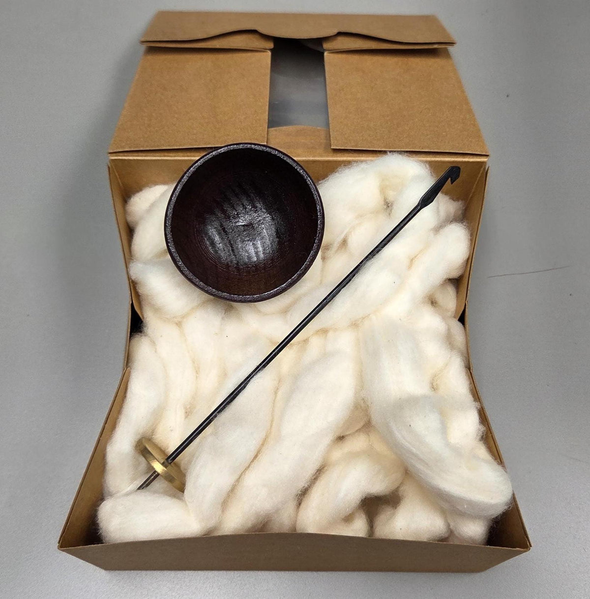 Spin Cotton Fiber Kit. Painted Wood Support Bowl & Brass Thakli Spindle. Brown