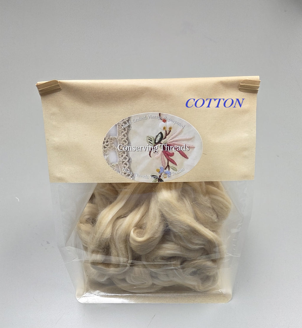 Green + White Cotton Fiber Sliver, Combed, Natural Color, 1 oz