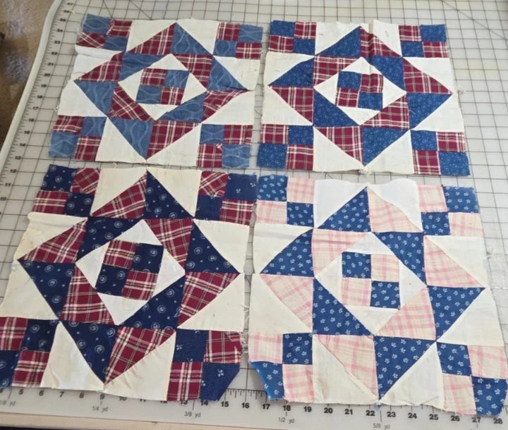 8 Vintage Patch Quilt Blocks Unfinished Squares. 1900s - 1930s Red Blue Brown