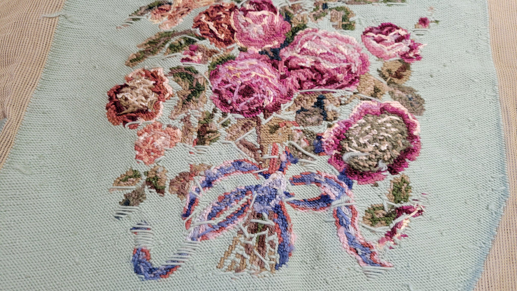 Vintage Textile Needlepoint Seat Cover Set Hand Stitched