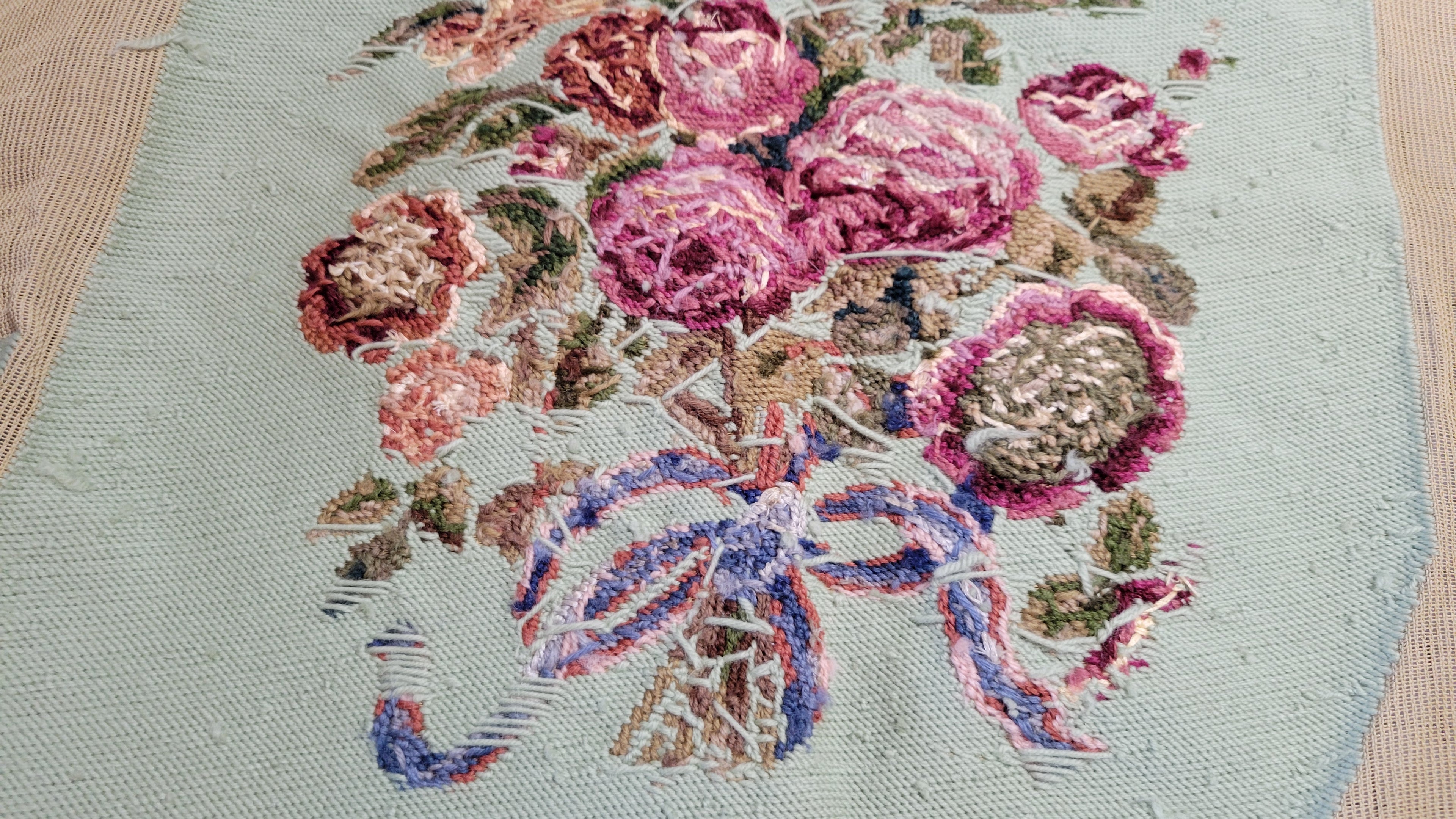 Vintage Textile Needlepoint Seat Cover Set Hand Stitched