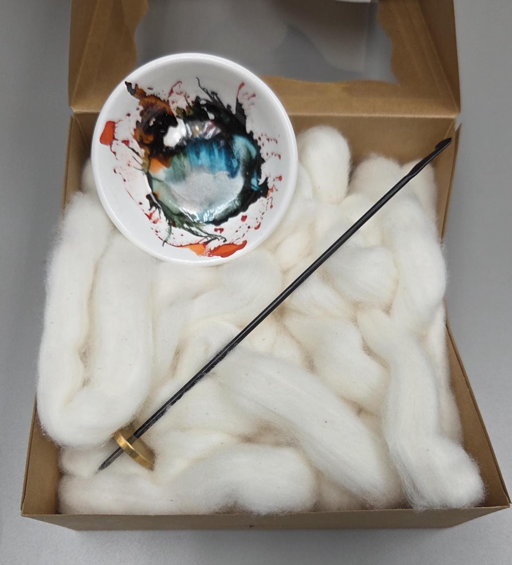 Cotton Fiber Kit. Natural Upland Cotton. Hand-Painted Porcelain Support Bowl and Brass Thakli Spindle. (Kit089)
