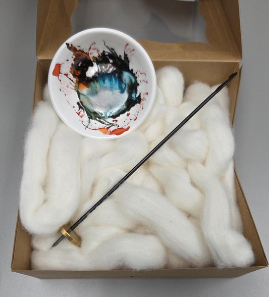 Cotton Fiber Kit. Natural Upland Cotton. Hand-Painted Porcelain Support Bowl and Brass Thakli Spindle. (Kit089)