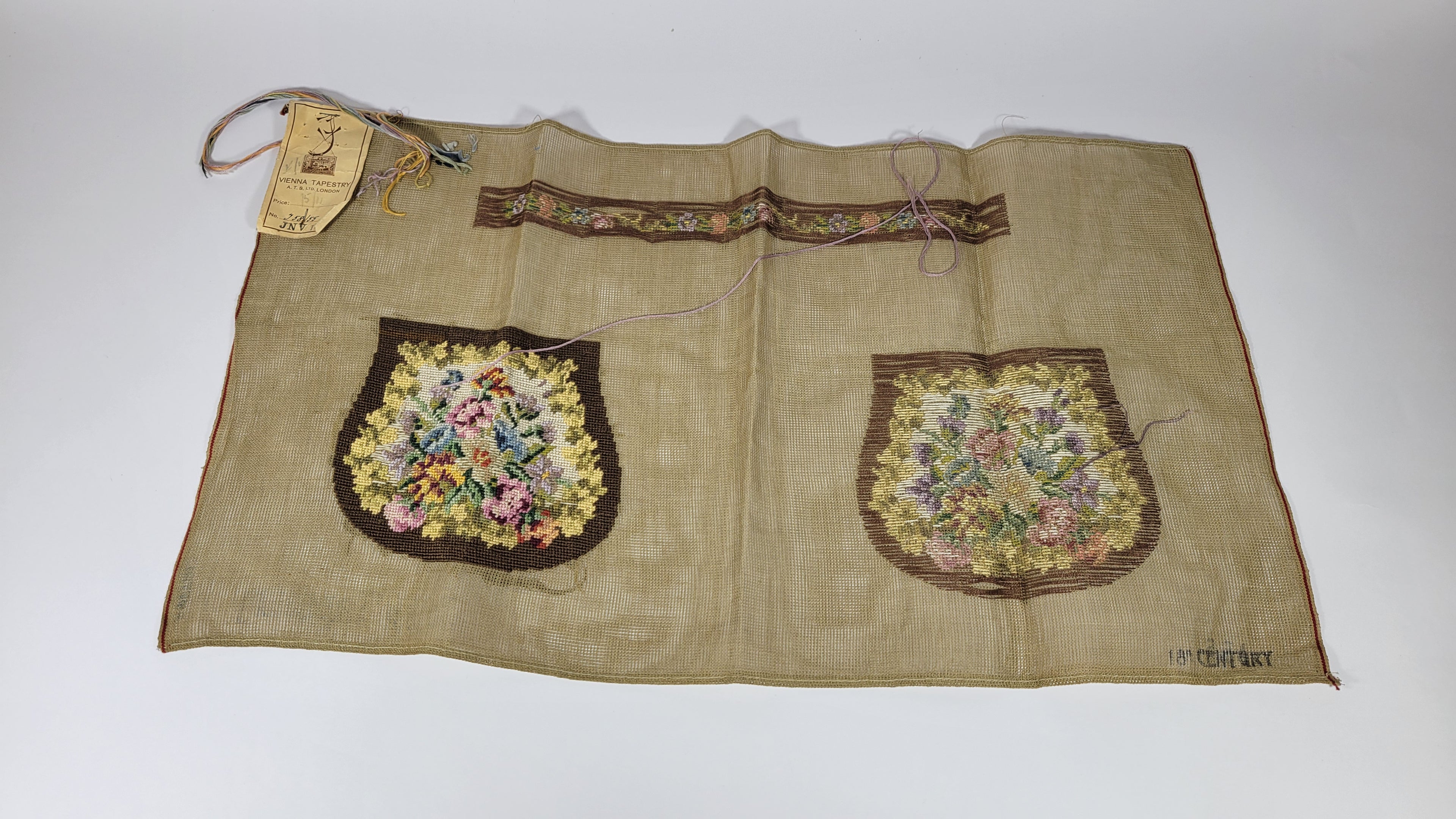 Needlework to make replica of an 18th century purse. Work in progress. Vintage