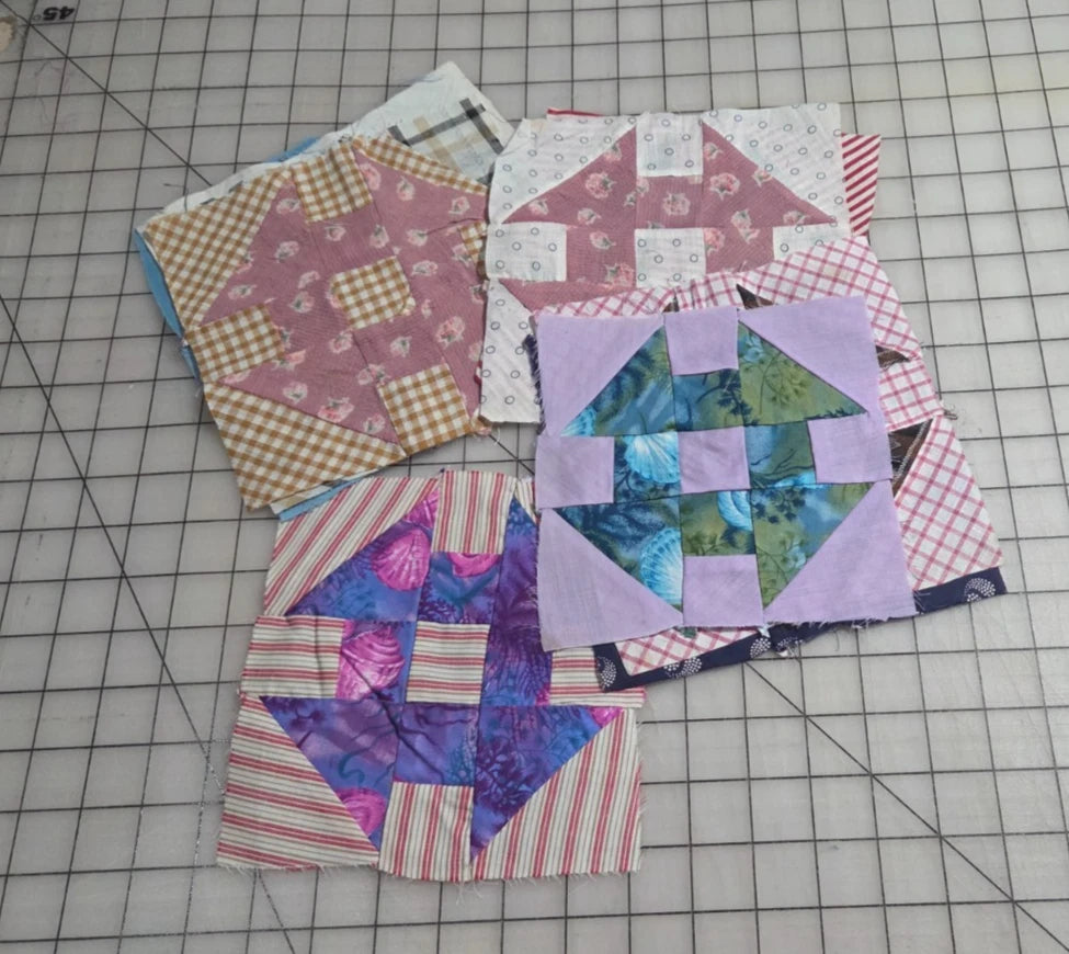 10 Vintage 7" Patch Quilt Blocks Unfinished Squares. 1910s - 1950s Hand Stitched