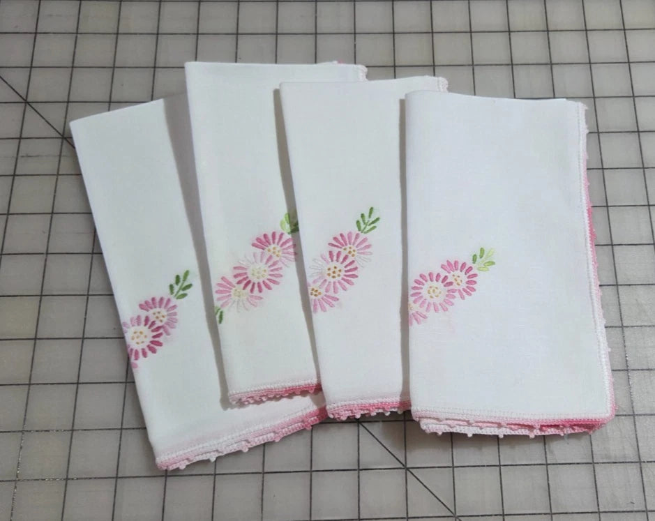 Set 4 Vintage Flowers Hand-Stitched Linen Set Napkins Pink Green