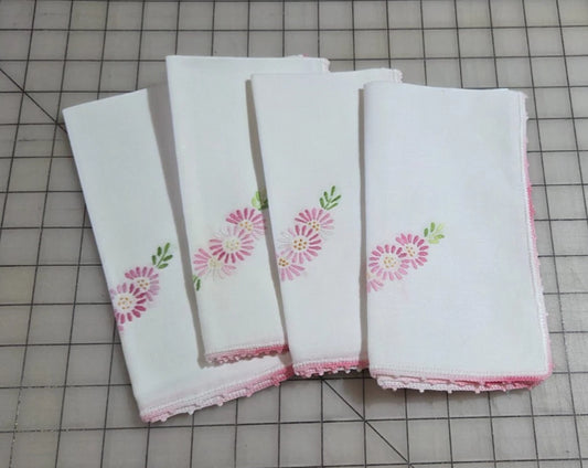 Set 4 Vintage Flowers Hand-Stitched Linen Set Napkins Pink Green