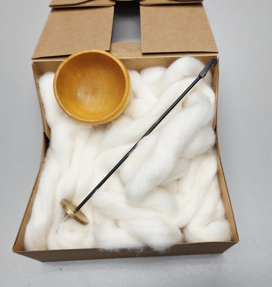 Spin Cotton Fiber Kit. Painted Yellow Wood Support Bowl & Brass Thakli Spindle.