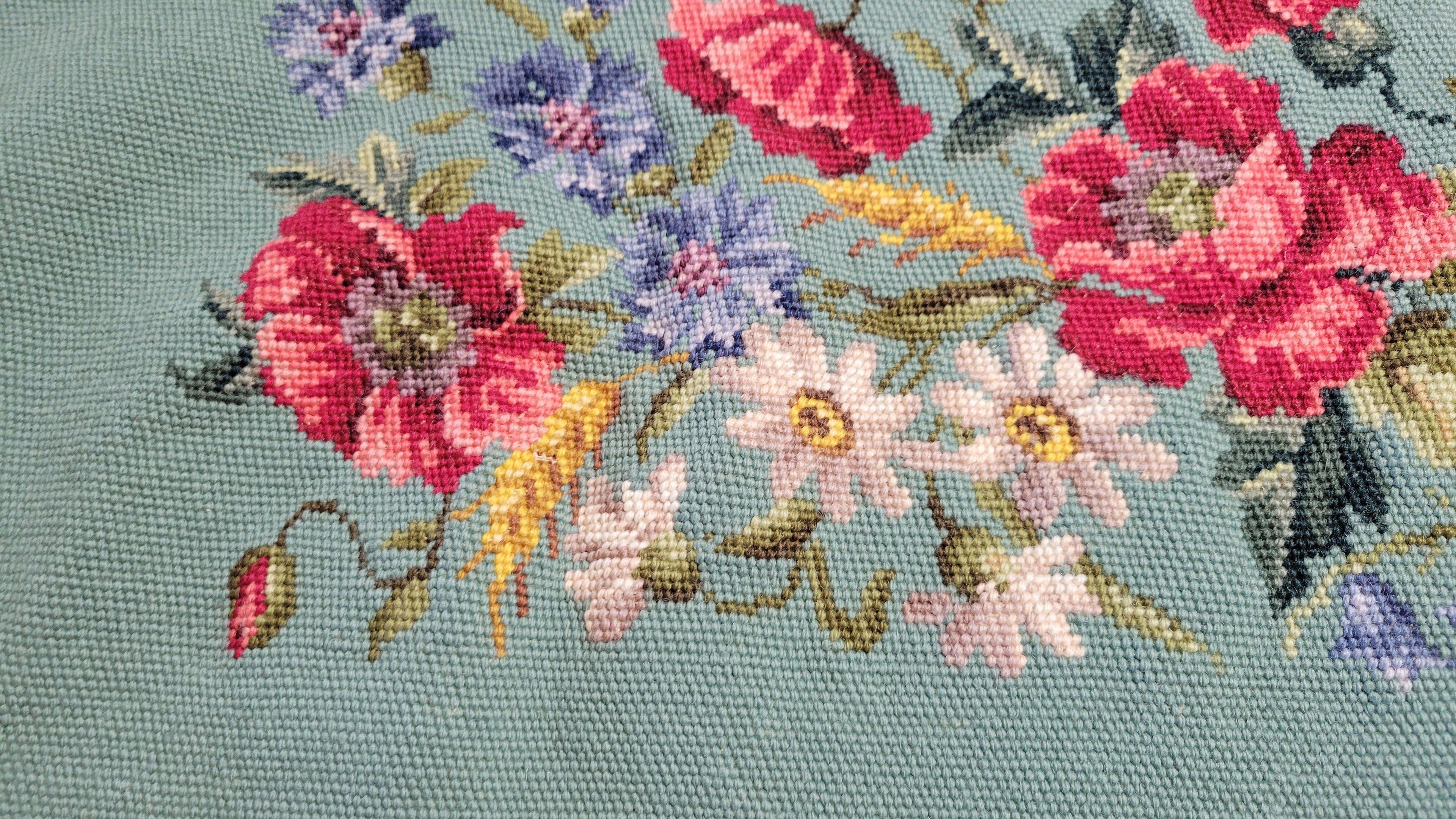 Vintage Textile Needlepoint Seat Cover Unblocked Blue Floral 44"x21.5"