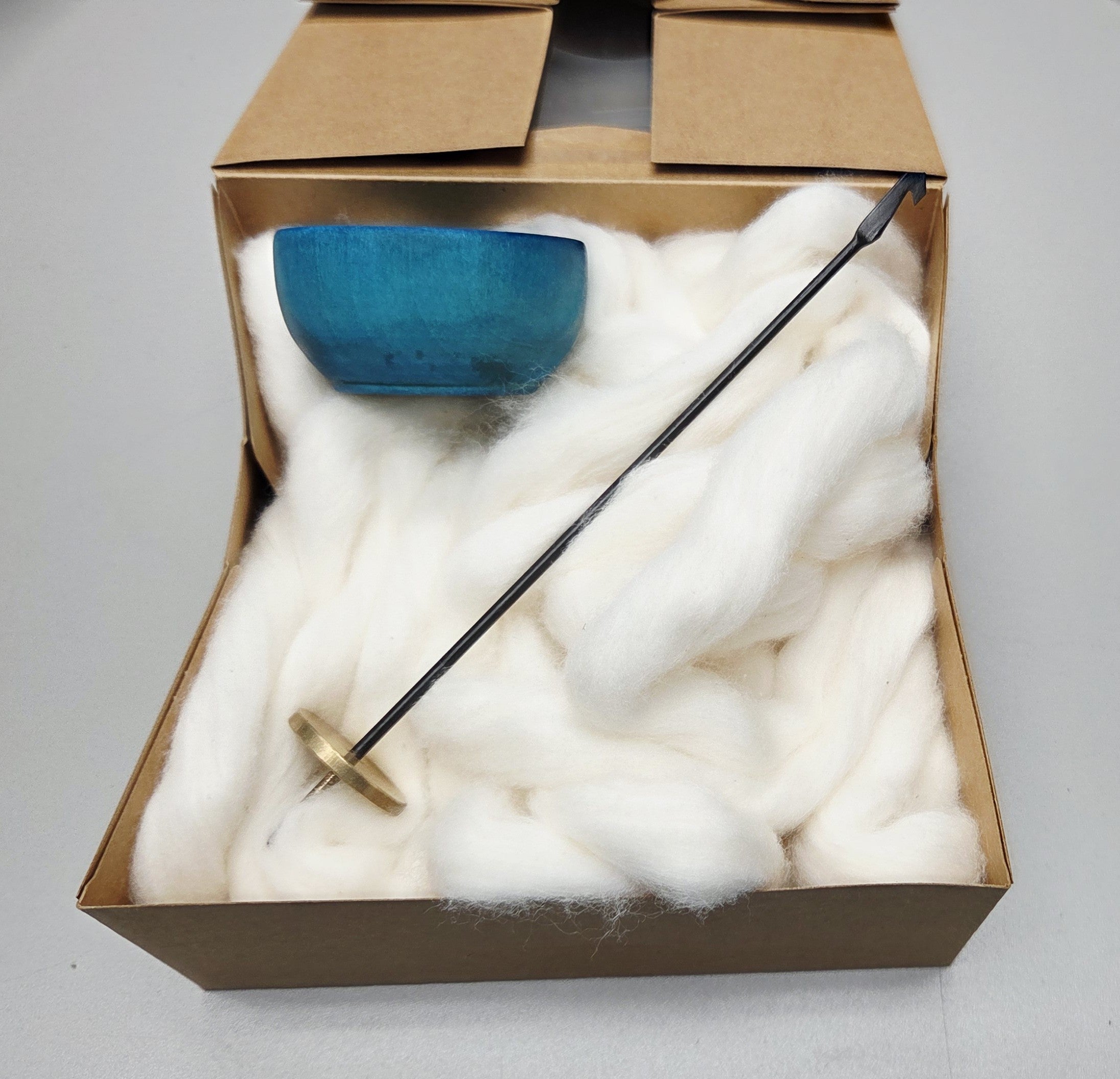 Spin Cotton Fiber Kit. Painted TEAL Wood Support Bowl & Brass Thakli Spindle.