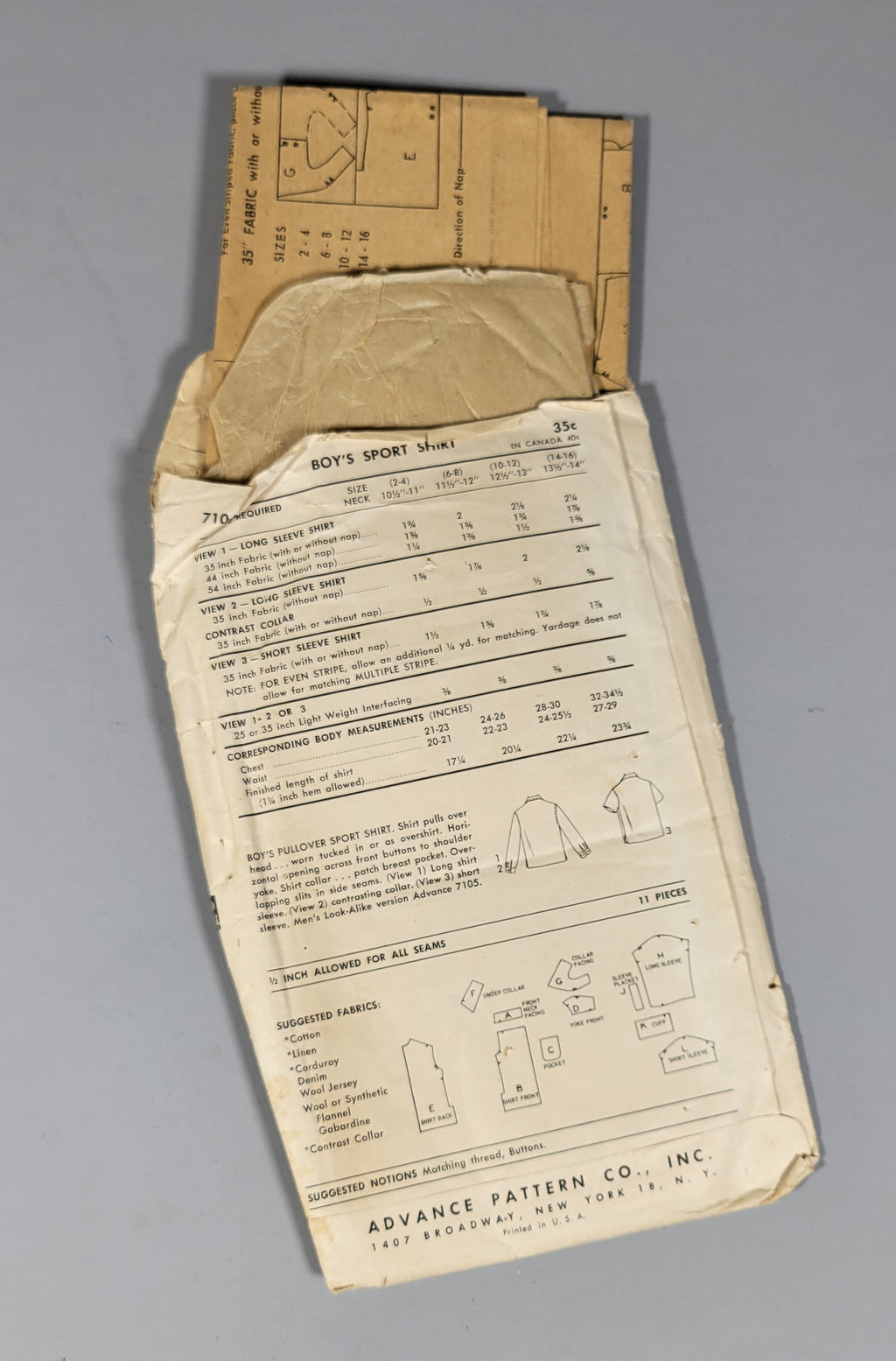 Advance 7104 Pattern, ca 1955. Size 10-12. Boys Pullover Sport Shirt.