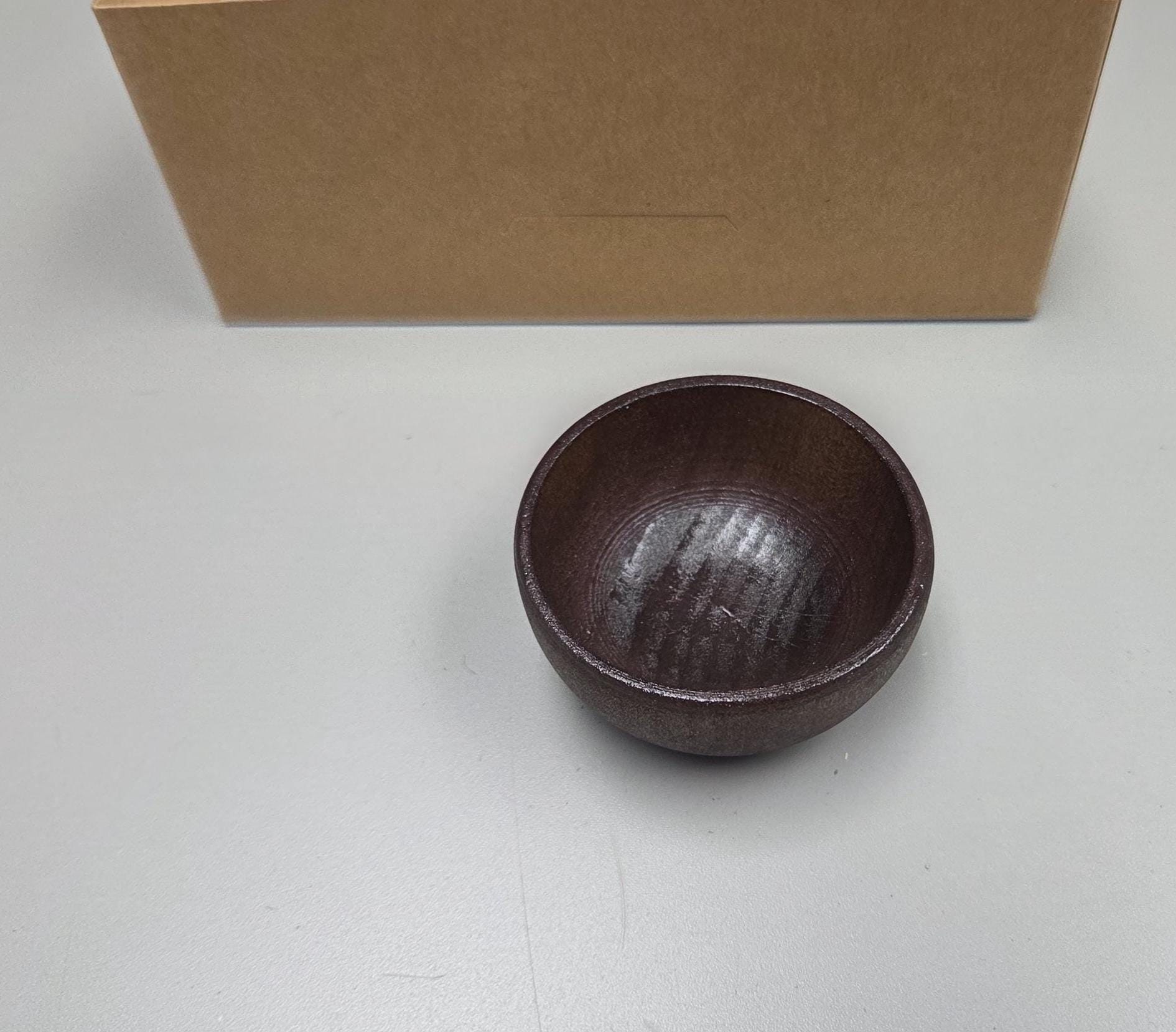 Spin Cotton Fiber Kit. Painted Wood Support Bowl & Brass Thakli Spindle. Brown