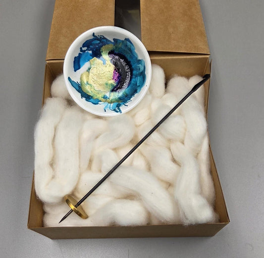 Cotton Fiber Kit. Natural Upland Cotton. Hand-Painted Porcelain Support Bowl and Brass Tahkli Spindle. (SK63)