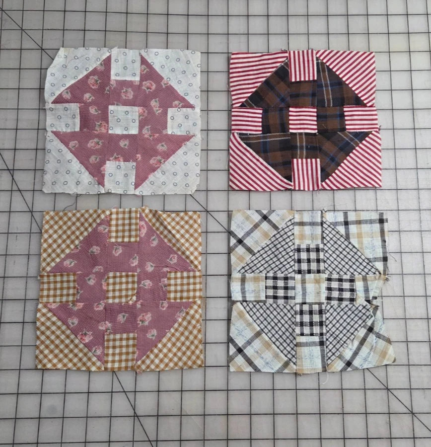 10 Vintage 7" Patch Quilt Blocks Unfinished Squares. 1910s - 1950s Hand Stitched