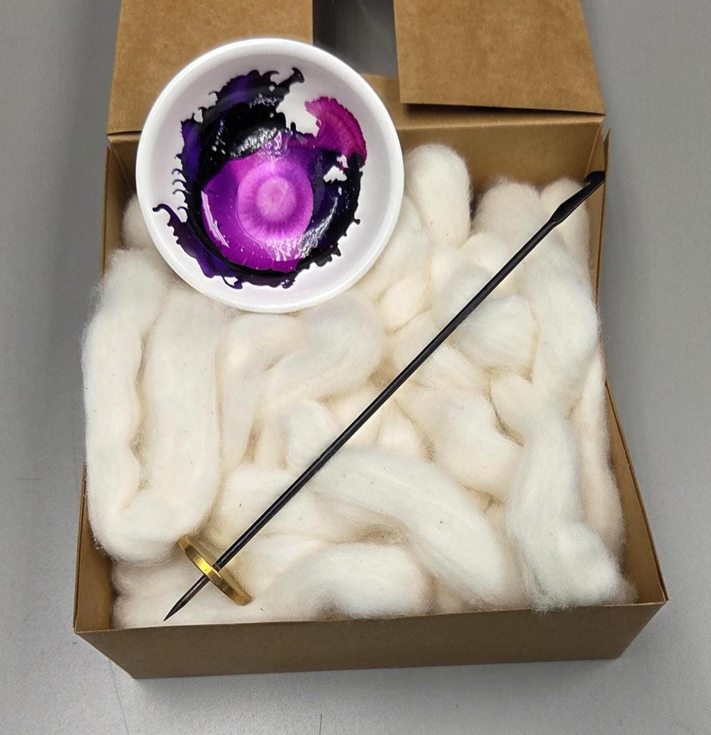 Cotton Fiber Kit. Natural Upland Cotton. Hand-Painted Porcelain Support Bowl and Brass Tahkli Spindle. (SK10)