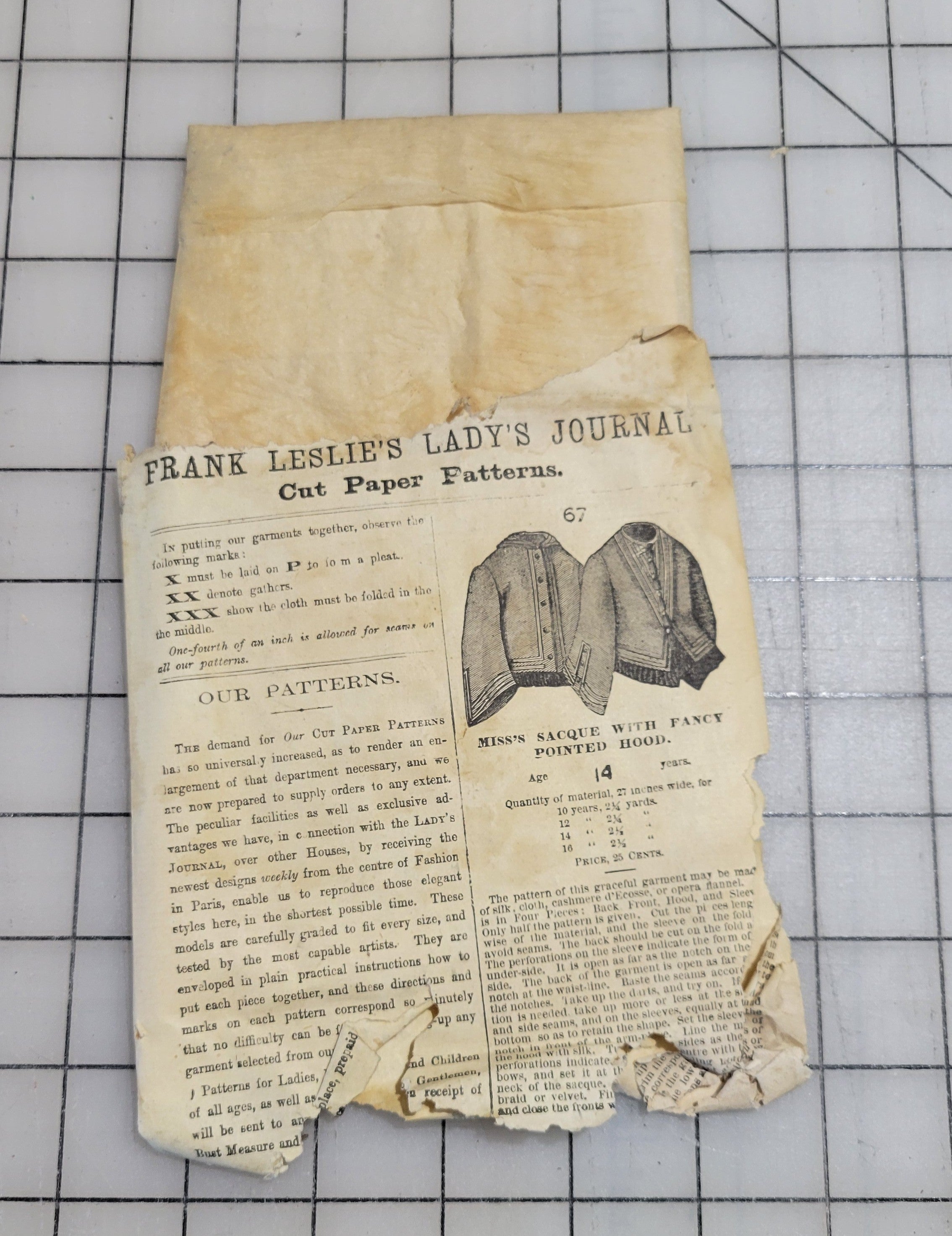 Frank Leslie's Lady's Cut Paper Pattern #67 1870s Miss Sacque Age 14 Original