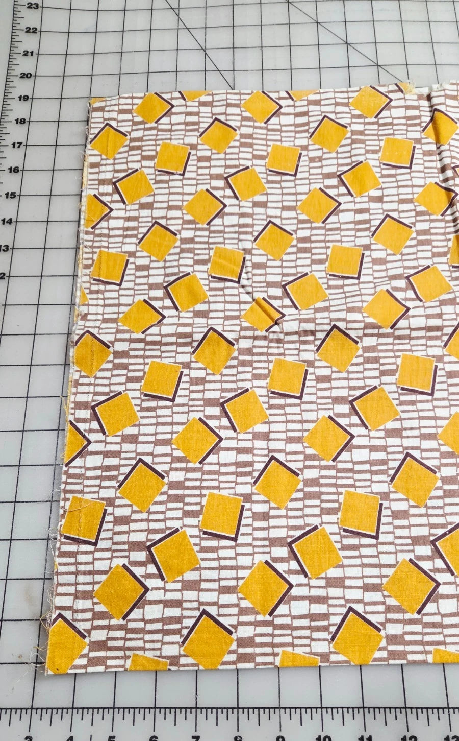 Vintage Feedsack Fabric 50 x 43 Opened Gold & Brown Squares Feed Flour Sack