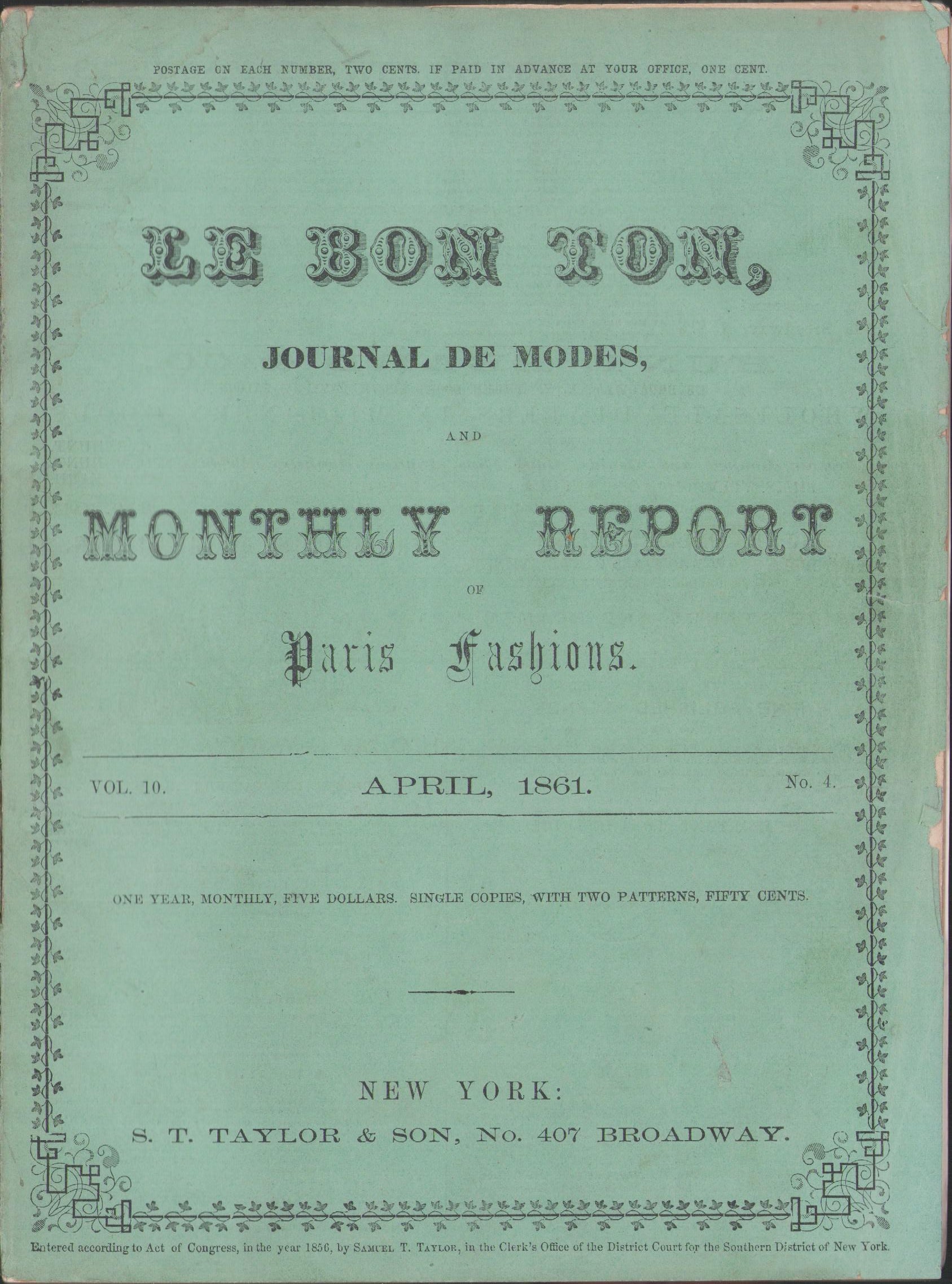 Le Bon Ton Journal de Modes. 1861 April, Vol 10, No 4. Catalog. E-book DOWNLOAD.📥