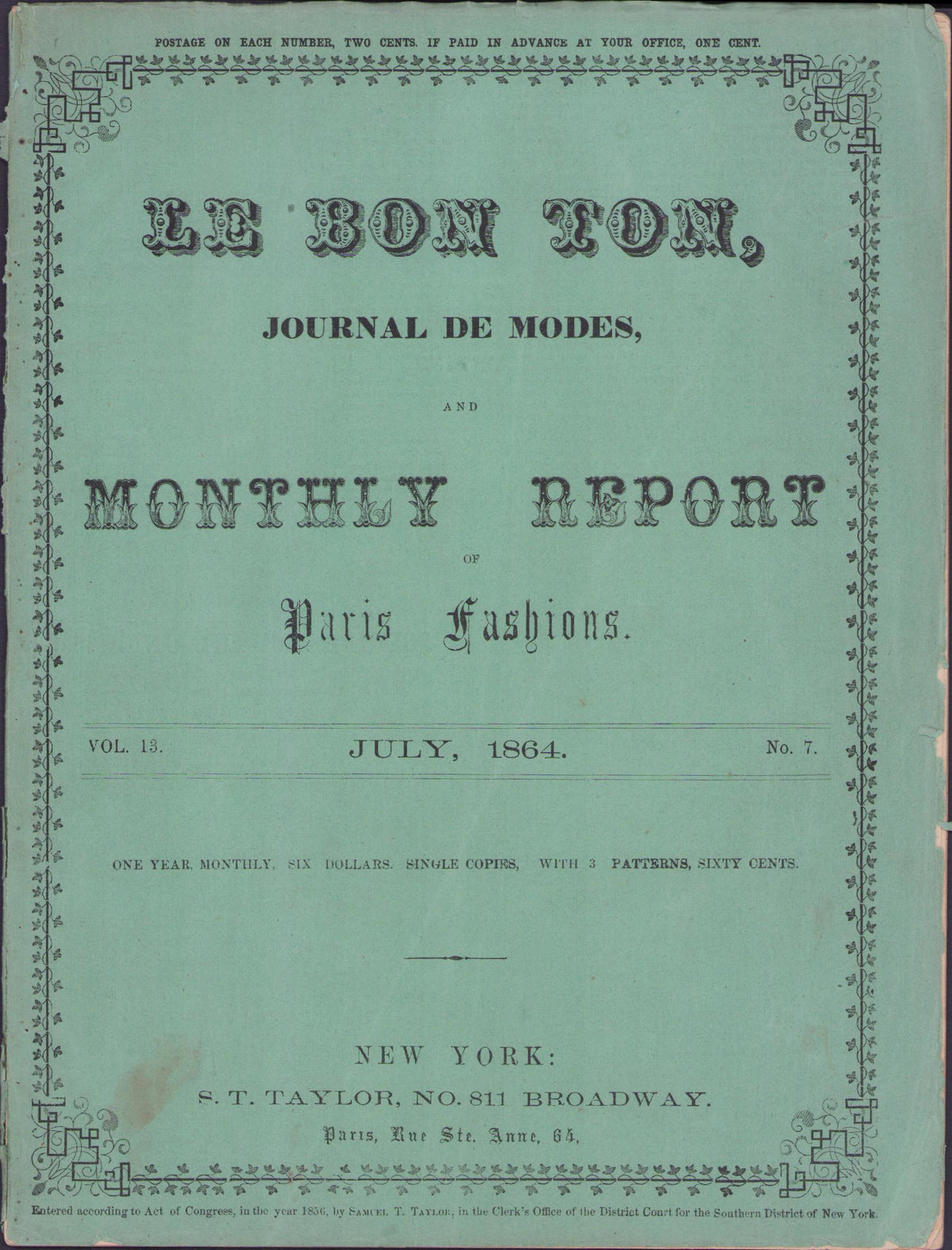 Le Bon Ton Journal de Modes, 1864 July, Vol 13, No 7. E-book DOWNLOAD.📥