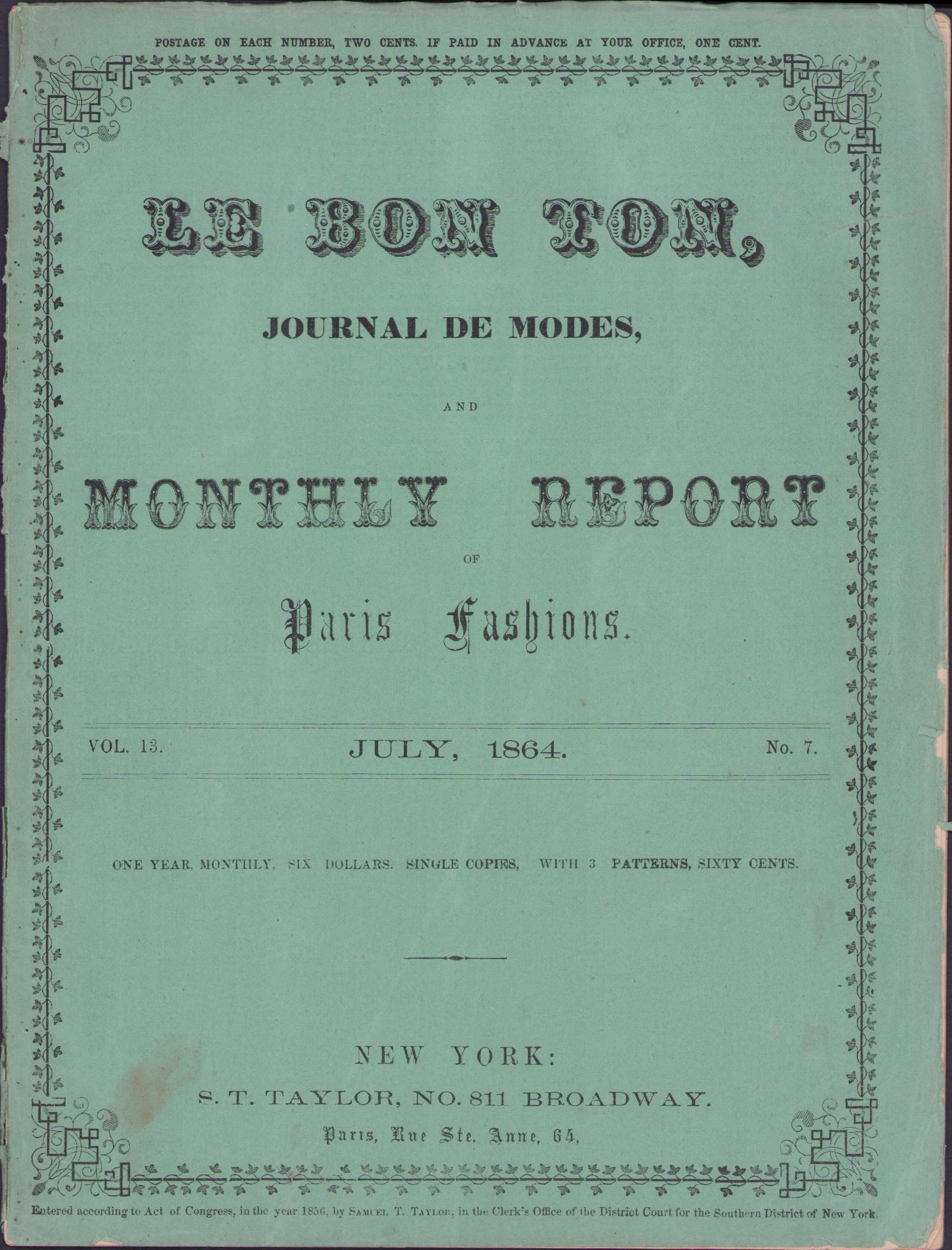 Le Bon Ton Journal de Modes. 1864 July, Vol 13, No 7. Catalog. E-book DOWNLOAD.📥