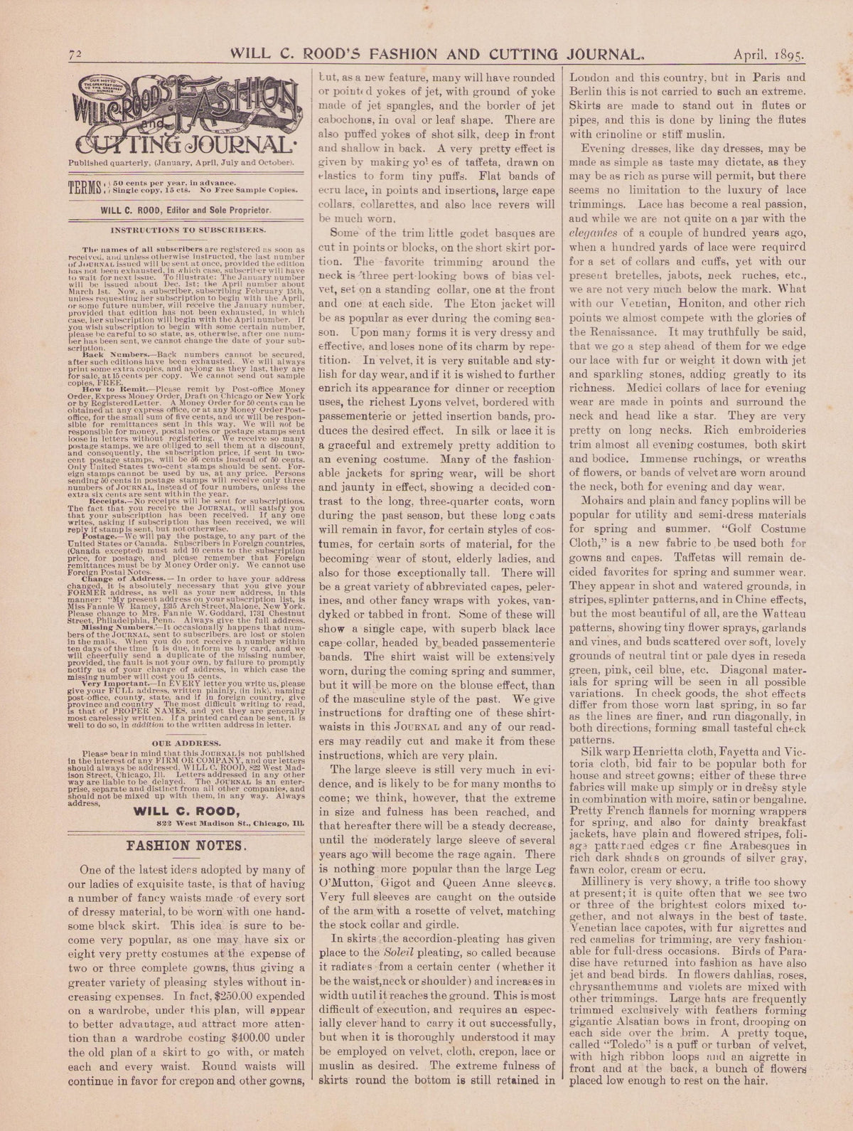 Will C Rood's Fashion and Cutting Journal April 1895, Vol 2, No. E-book INSTANT DOWNLOAD. 📥
