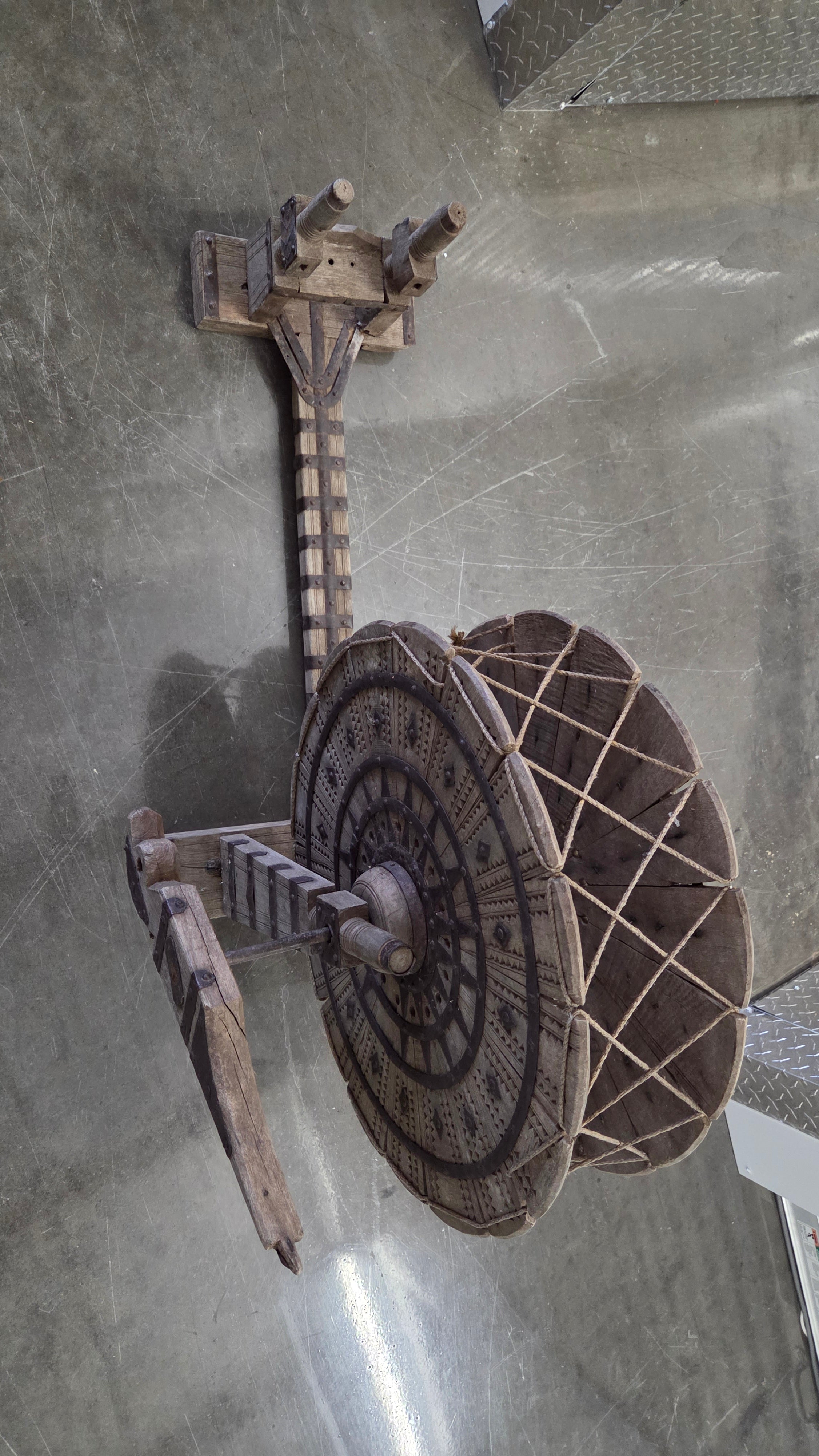 Antique Charkha T-frame Spinning Wheel Large Wood Tool for Cotton