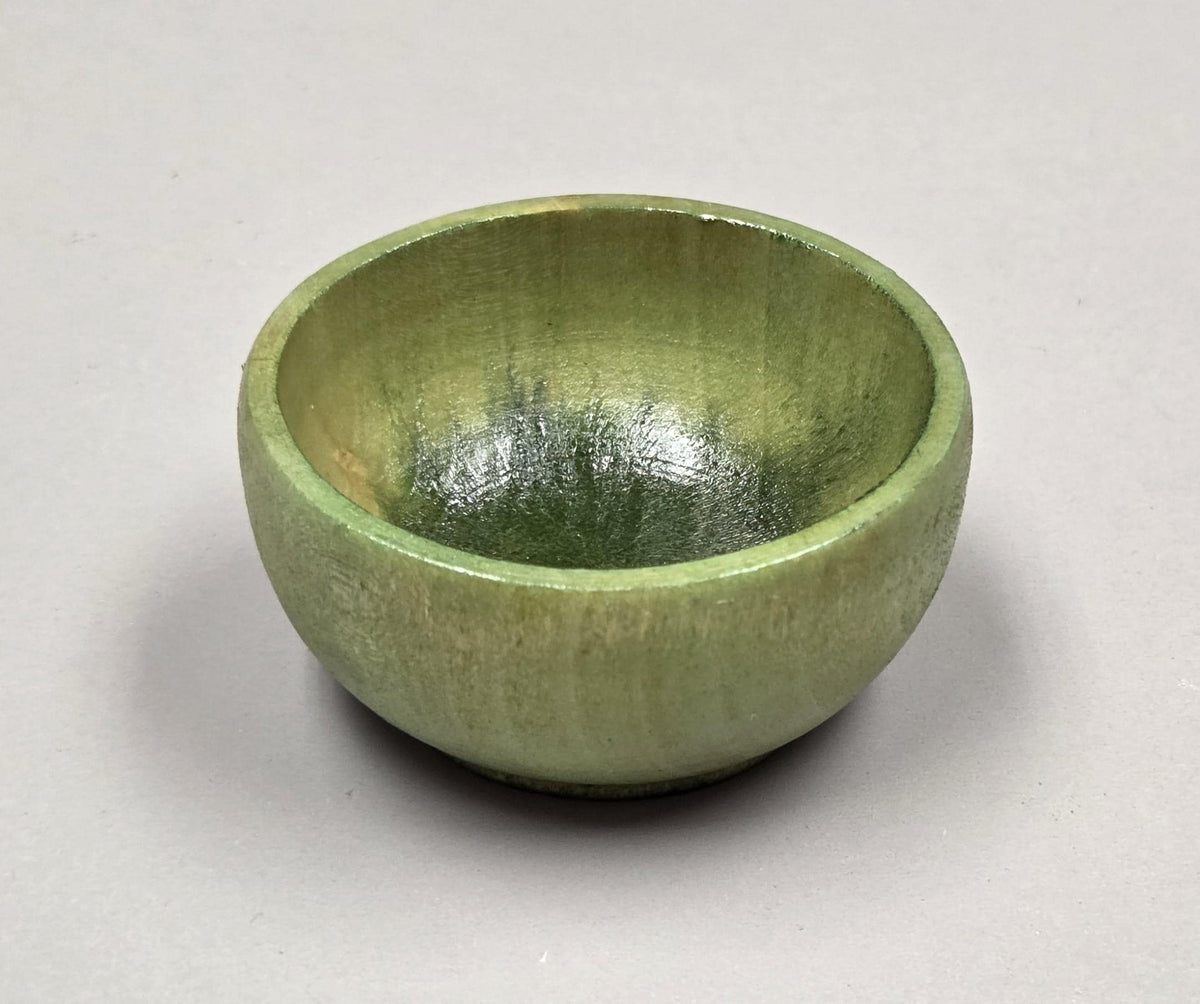 Spin Cotton Fiber Kit. Natural Upland Cotton Sliver. Hand-Painted Wood Support Bowl and Brass Tahkli Spindle. Light Green